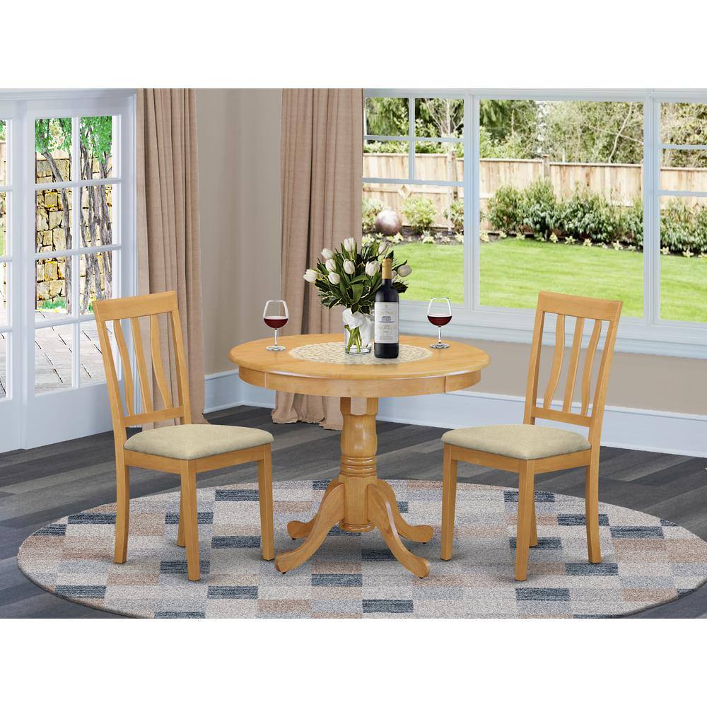 Front. East West Furniture - ANTI3-OAK-C 3 PC Kitchen Table set-small Kitchen Table plus 2 Dining Chairs - Oak.