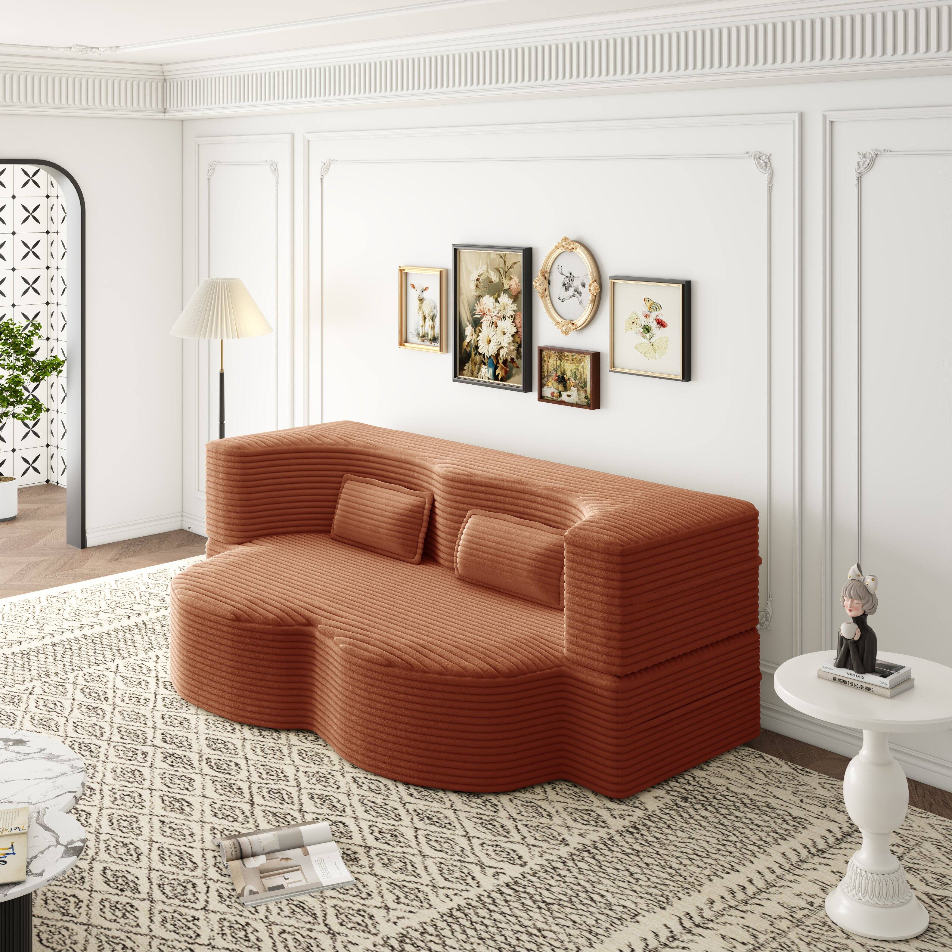 Angle. Trinkets Crazed - Convertible Sleeper Sofa Bed,15" Thick Full Size Folding Floor Couch, Corduroy Foam-Filled Futon Loveseat Couch - Orange.
