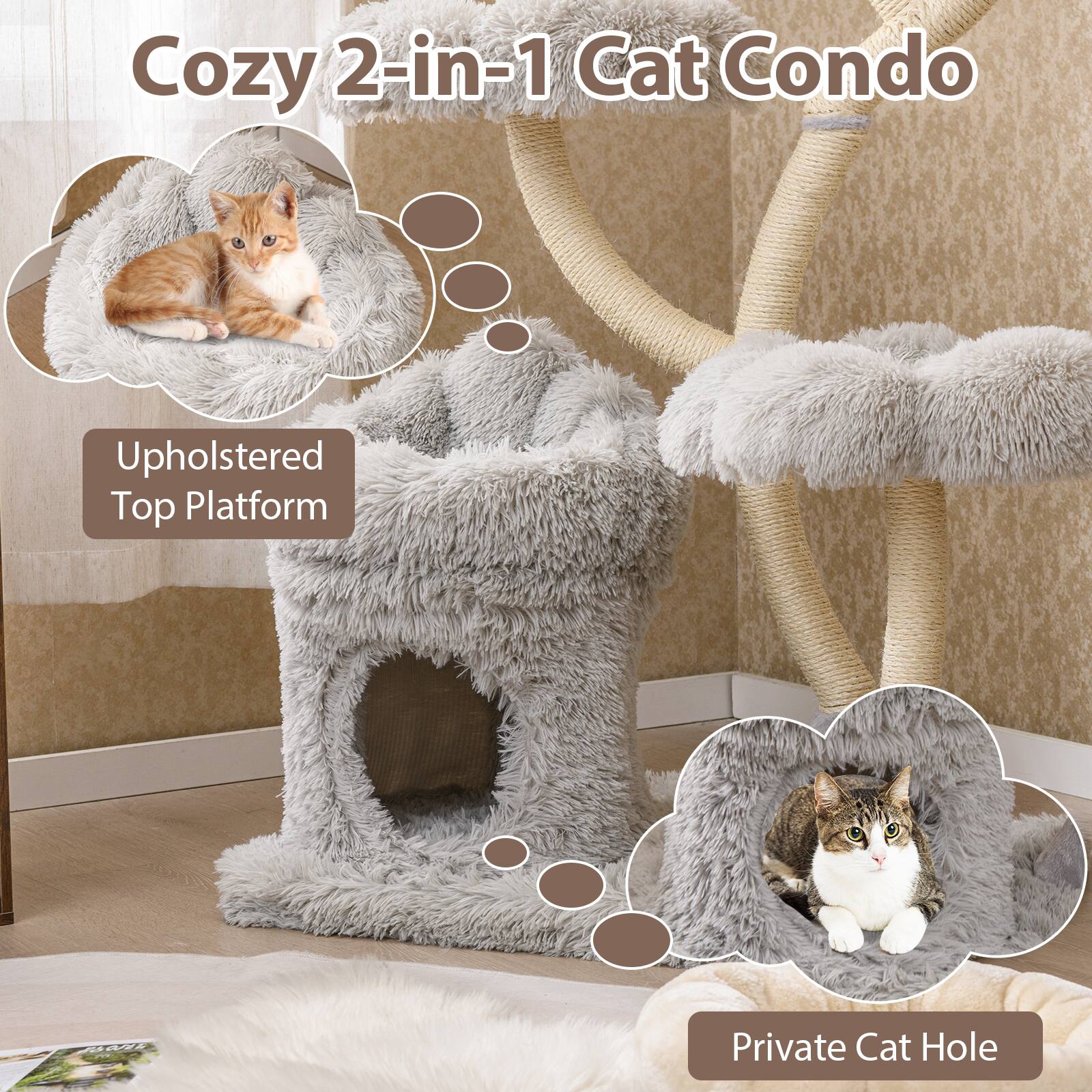 Cozy 2-in-1 Cat Condo

- Upholstered Top Platform
- Private Cat Hole