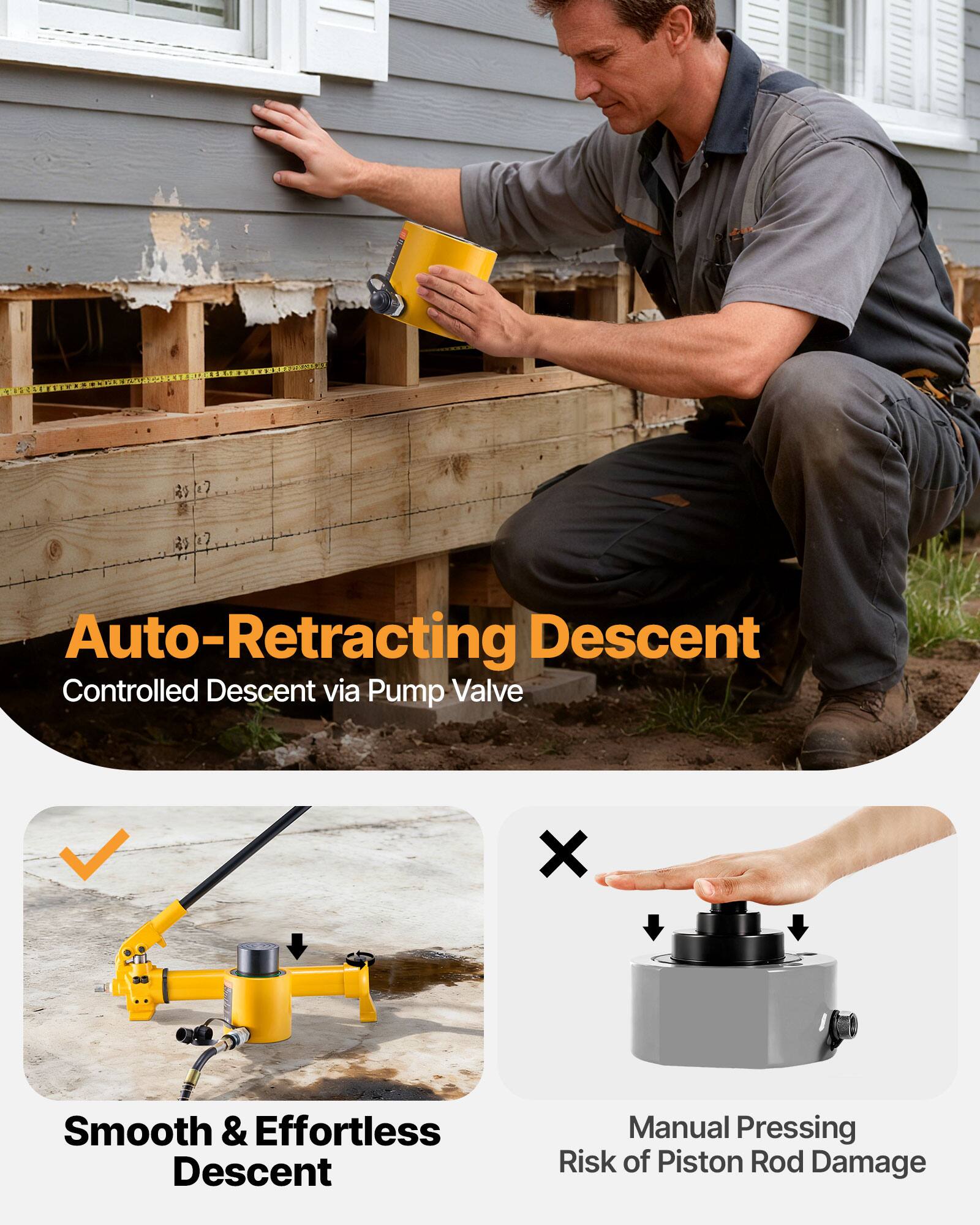 Auto-Retracting Descent  
Controlled Descent via Pump Valve  

Smooth & Effortless Descent  

Manual Pressing  
Risk of Piston Rod Damage