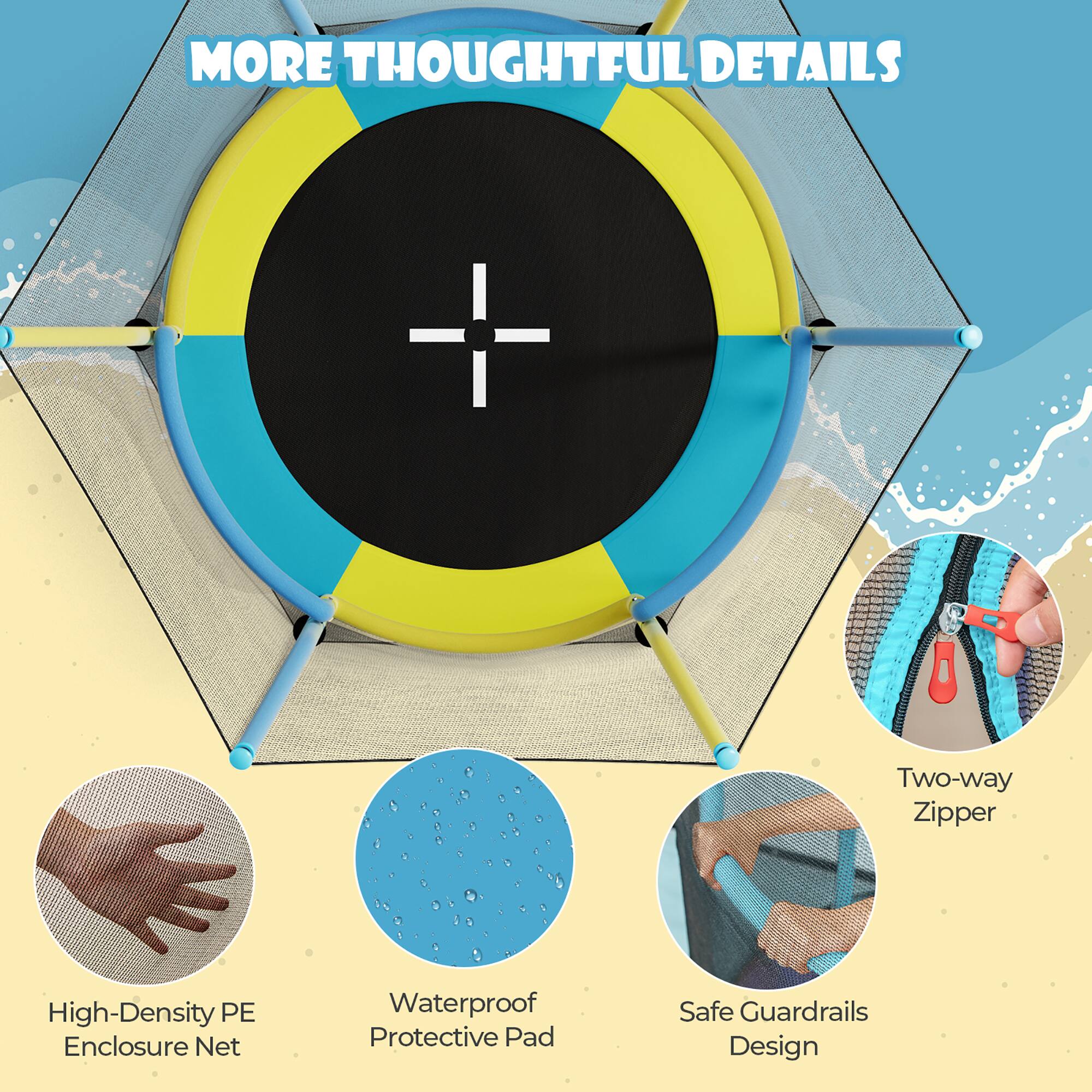 MORE THOUGHTFUL DETAILS

- High-Density PE Enclosure Net
- Waterproof Protective Pad
- Two-way Zipper
- Safe Guardrails Design