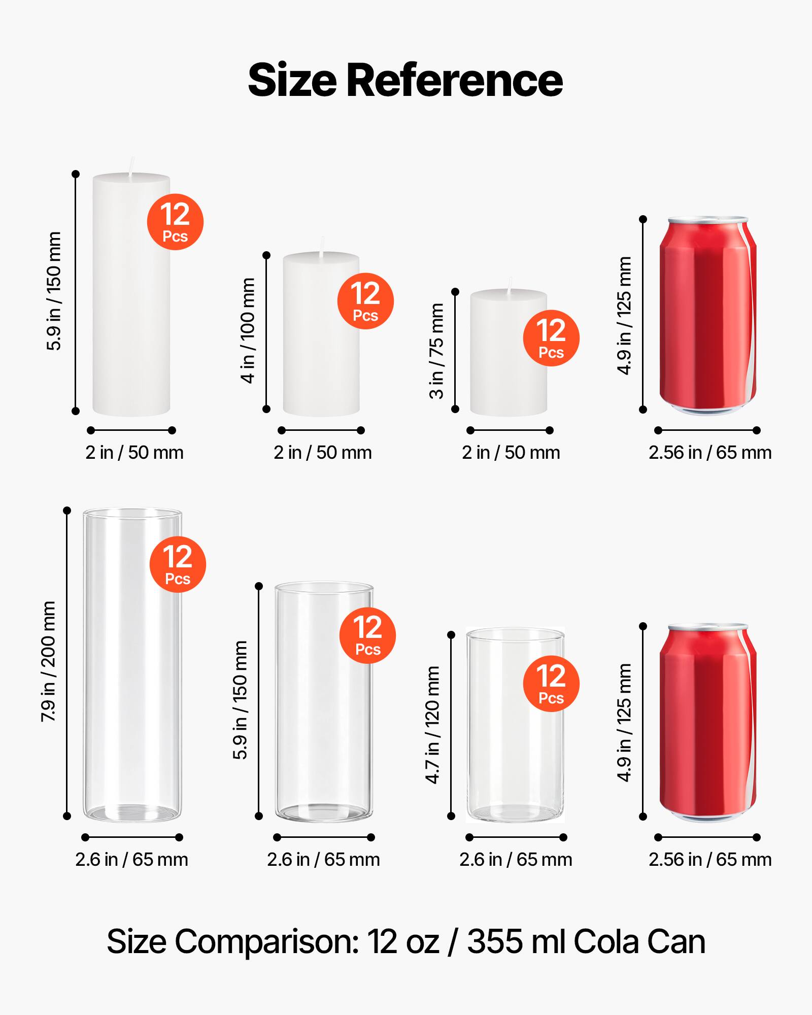 Size Reference

- 5.9 in / 150 mm
- 4 in / 100 mm
- 3 in / 75 mm
- 4.9 in / 125 mm
- 2 in / 50 mm
- 7.9 in / 200 mm
- 4.7 in / 120 mm

Size Comparison: 12 oz / 355 ml Cola Can
