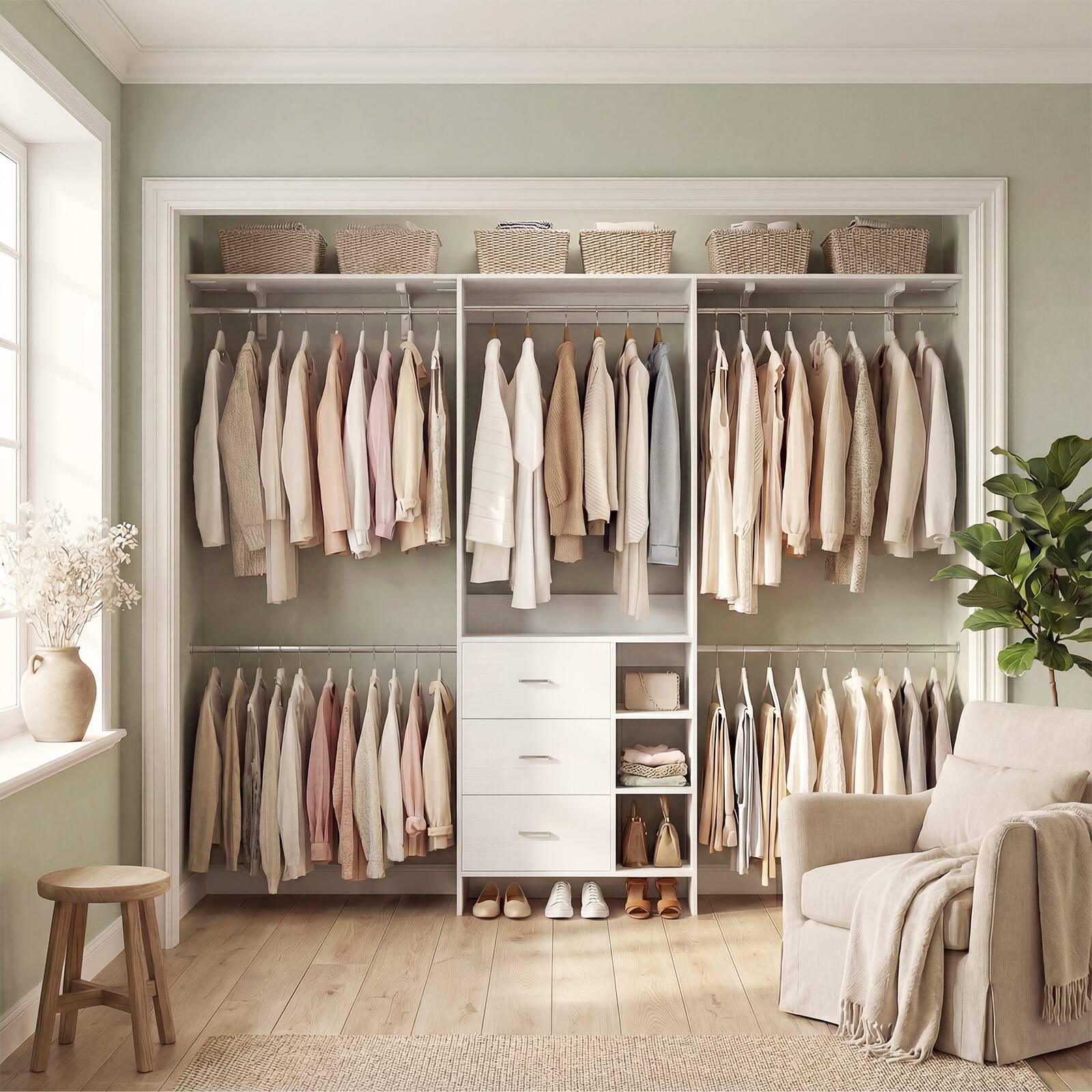 "Aheaplus - 96"" Freestanding Closet Organizer: 3 Wood Drawers, Hanging Rods & Shelves. Adjustable (5.3-9ft) - White" price history on PriceWatchPro