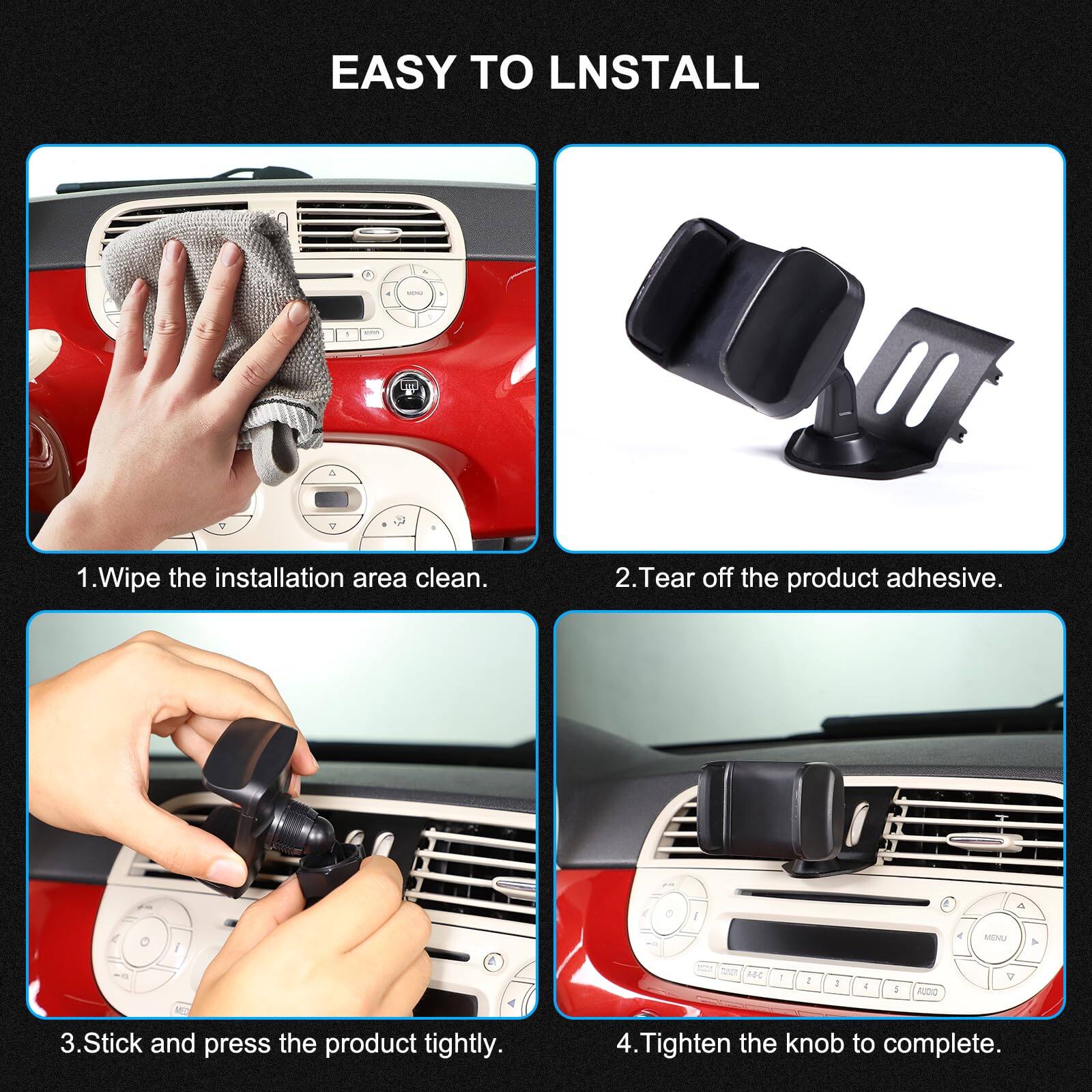 EASY TO INSTALL

1. Wipe the installation area clean.
2. Tear off the product adhesive.
3. Stick and press the product tightly.
4. Tighten the knob to complete.