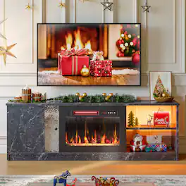 Pinmoco - TV Stand with Electric Fireplace LED TV Console Fits TVs up to 70 inch with Cabinet & Shelves - Marble Black