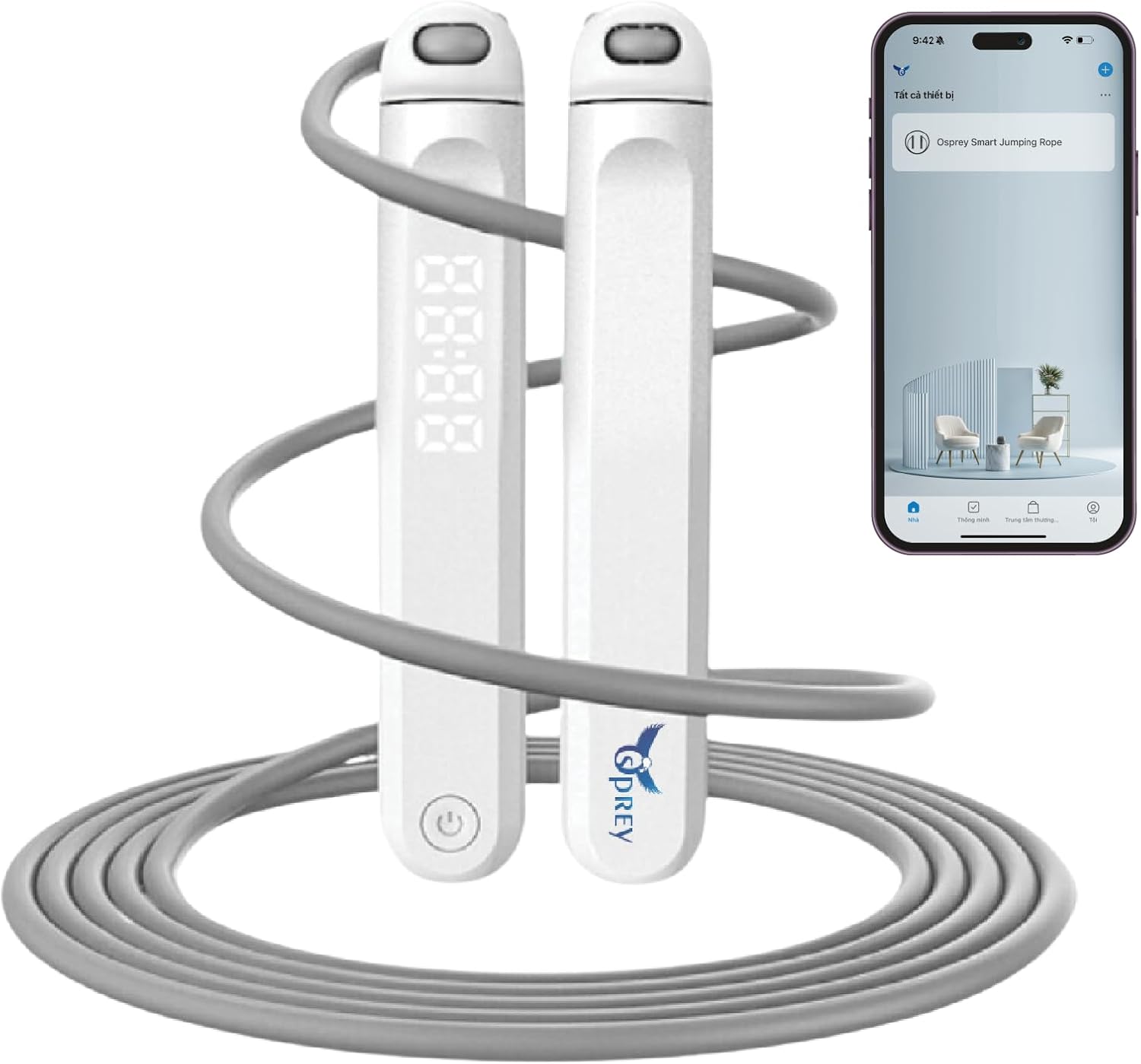 Osprey - Smart Jump Rope, Adjustable Digital Counting Jump Rope and Vibration Reminder for Fitness, Exercise, Workout, Gym - White