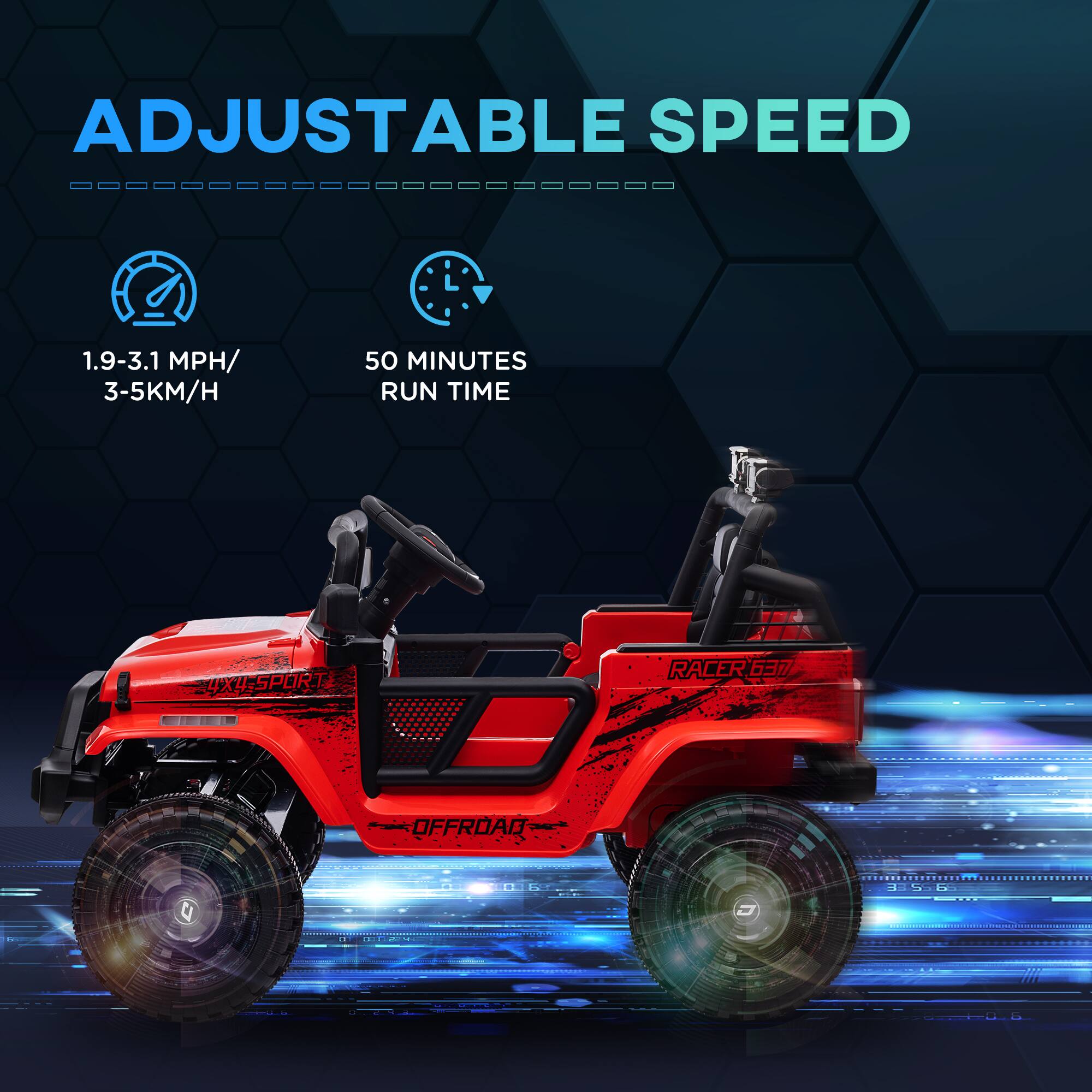 ADJUSTABLE SPEED

1.9-3.1 MPH / 3-5 KM/H

50 MINUTES RUN TIME

4X4 SPORT RACER 637 OFFROAD