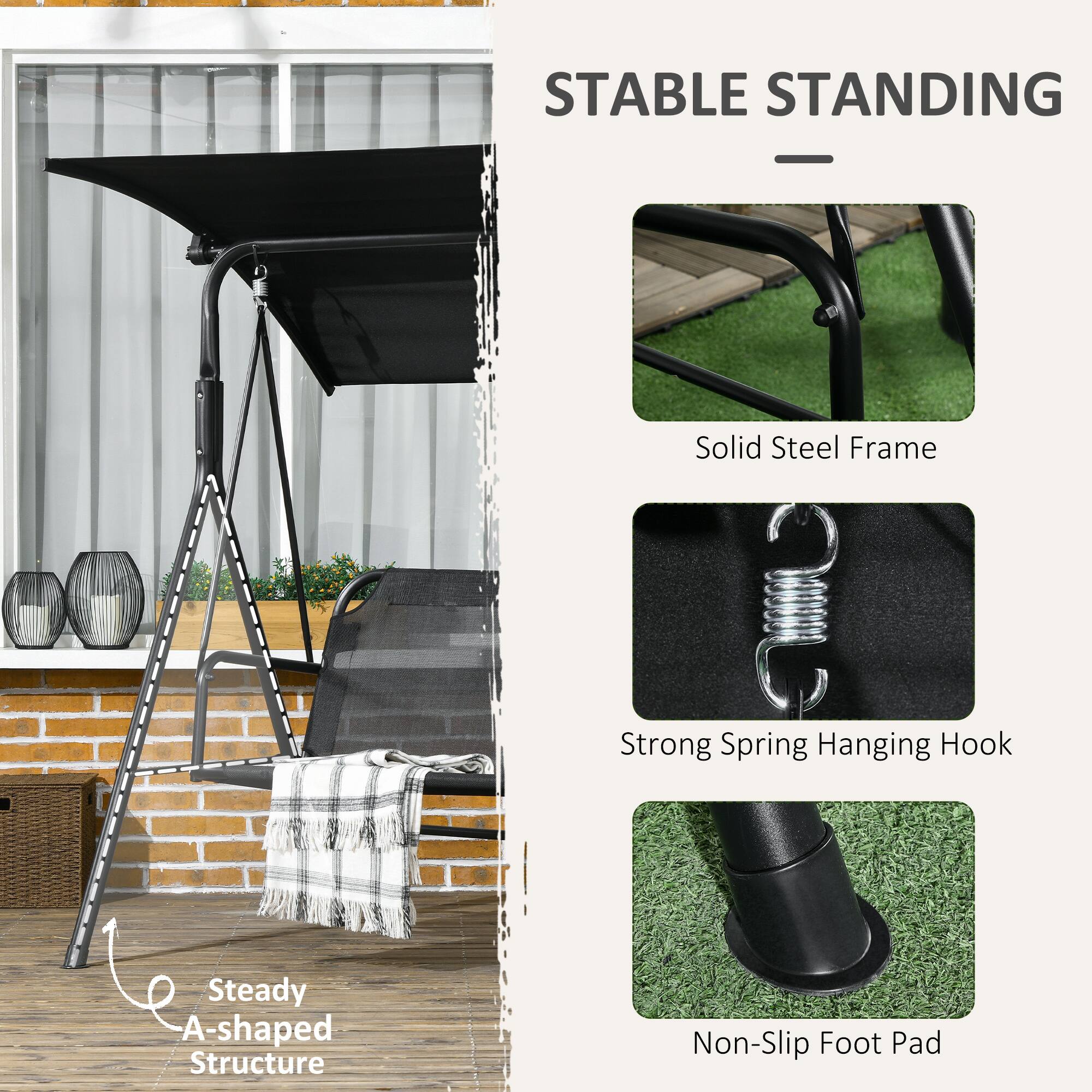 STABLE STANDING
Solid Steel Frame
Strong Spring Hanging Hook
Non-Slip Foot Pad
Steady A-shaped Structure
