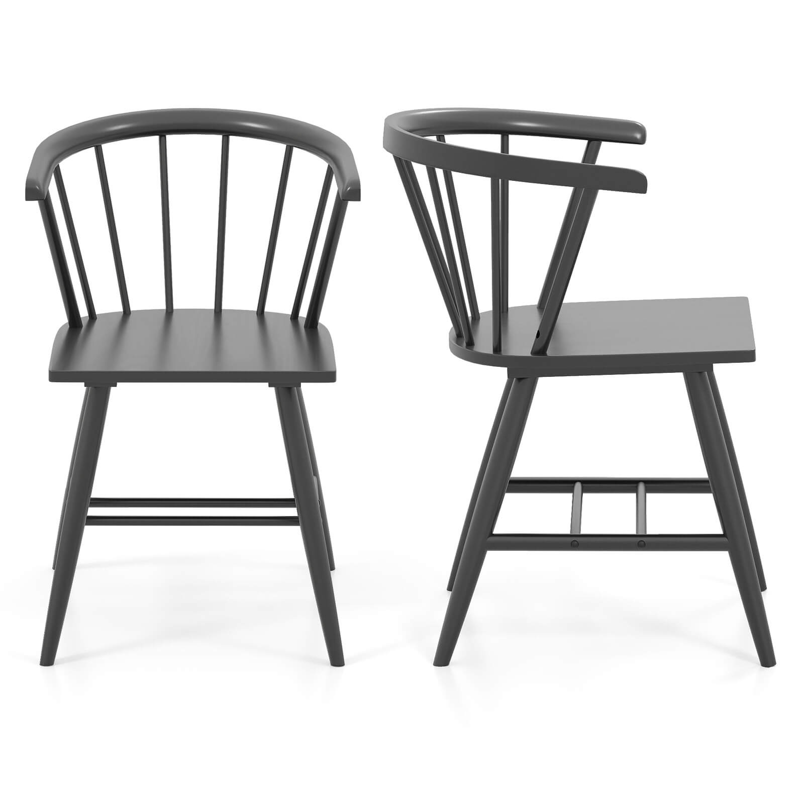 Costway - Windsor Dining Chair Set of 2 w/Rubber Wood Frame Curved Spindle Back & Armrest - Black