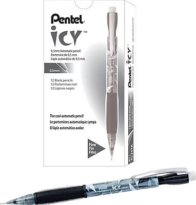 Pentel iCY™  
0.5mm Automatic pencil  
Portemine de 0.5 mm  
Lápiz automático de 0.5 mm  

12 Black pencils  
12 Portemines noir  
12 Lápices negro  

The cool automatic pencil  
Le portemine automatique sympa  
El lápiz automático audar  

Fine  
Fin  
Fino  

AT2SJA  
Pentel iCY