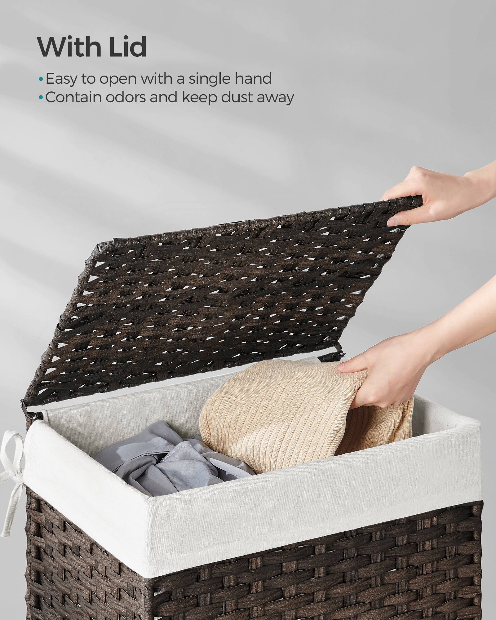 With Lid

- Easy to open with a single hand
- Contain odors and keep dust away