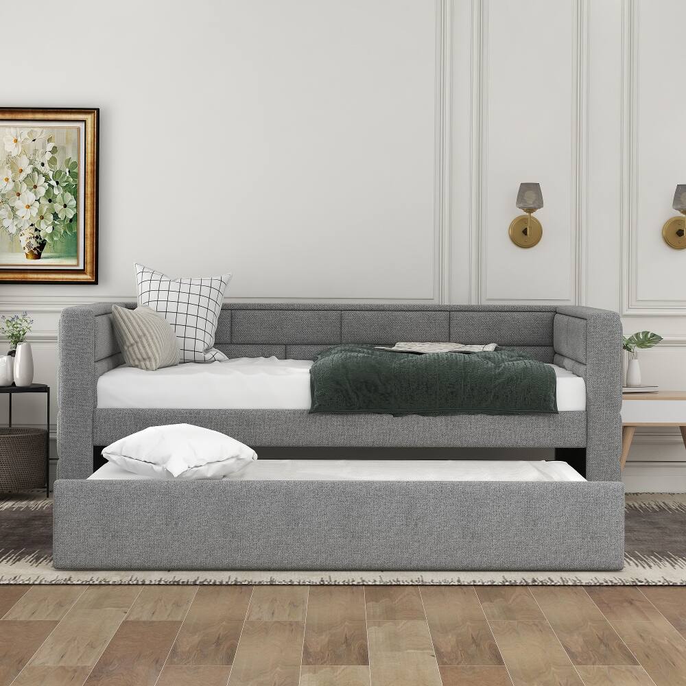 Left. Loheer - Loheer Twin Daybed with Trundle, Gray Upholstered Guest Bed with Padded Back, No Box Spring Needed - Gray.