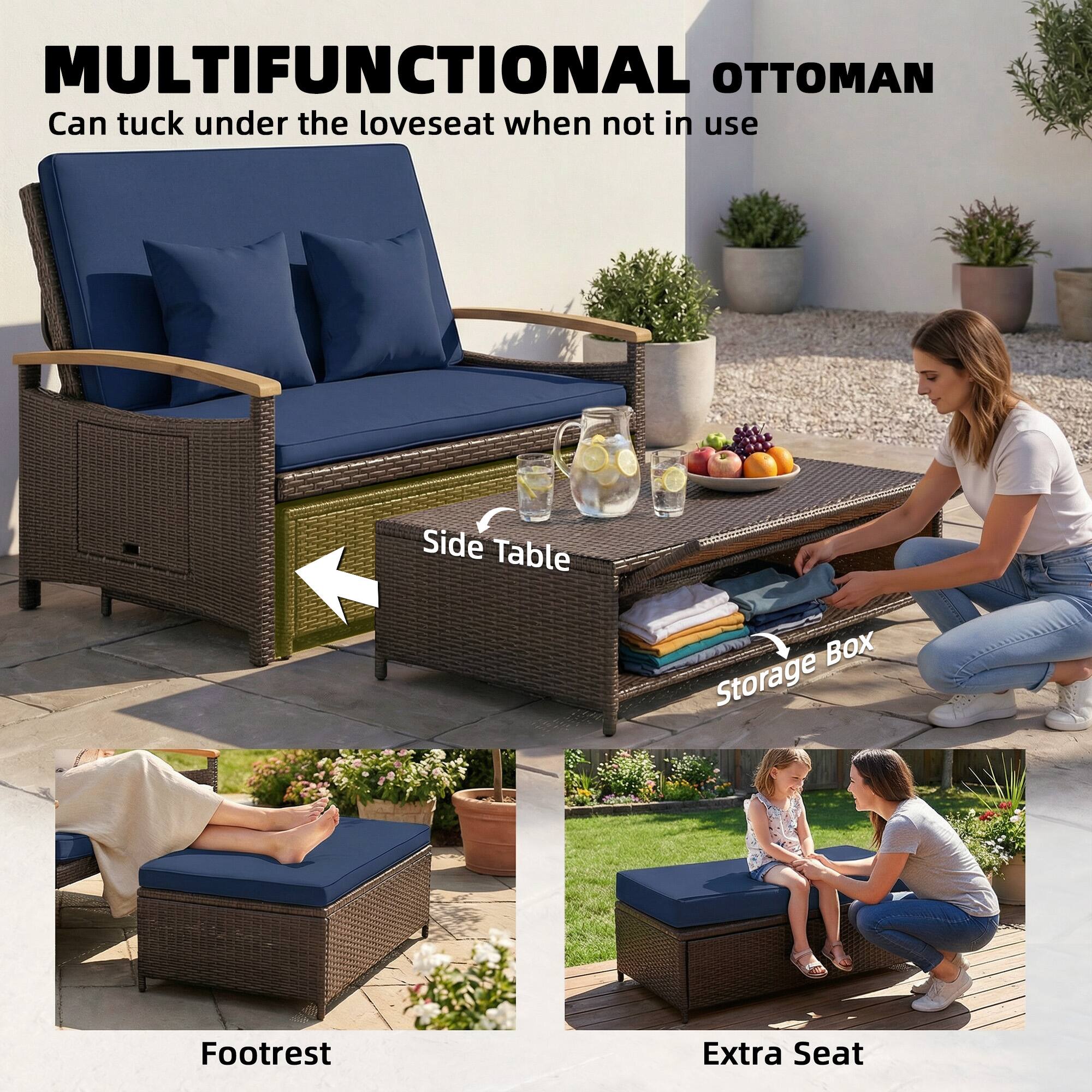 MULTIFUNCTIONAL OTTOMAN  
Can tuck under the loveseat when not in use  

- Side Table  
- Storage Box  
- Footrest  
- Extra Seat