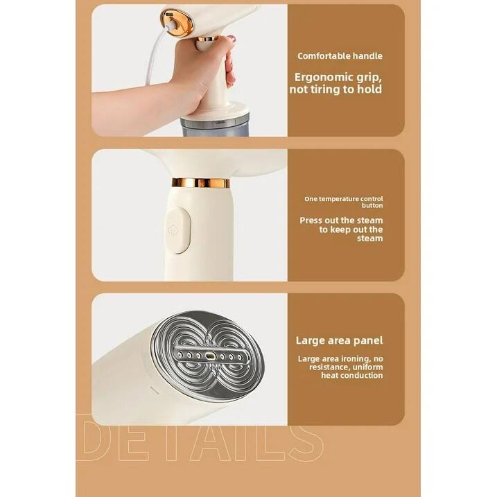 - Comfortable handle  
  Ergonomic grip, not tiring to hold

- One temperature control button  
  Press out the steam to keep out the steam

- Large area panel  
  Large area ironing, no resistance, uniform heat conduction
