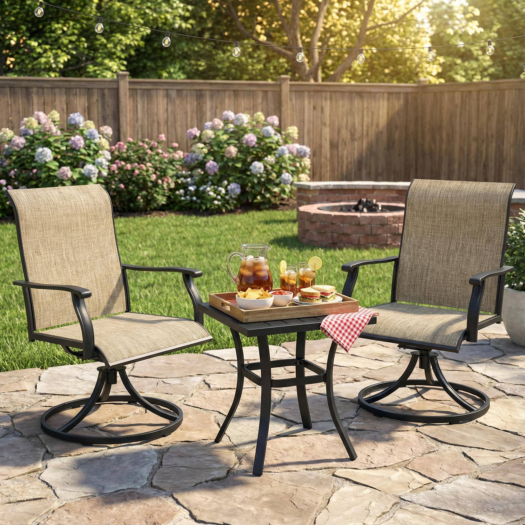 Left. Mondawe - Set of 2 Swivel Breathable Textilene Dining Chairs - Black+Brown.