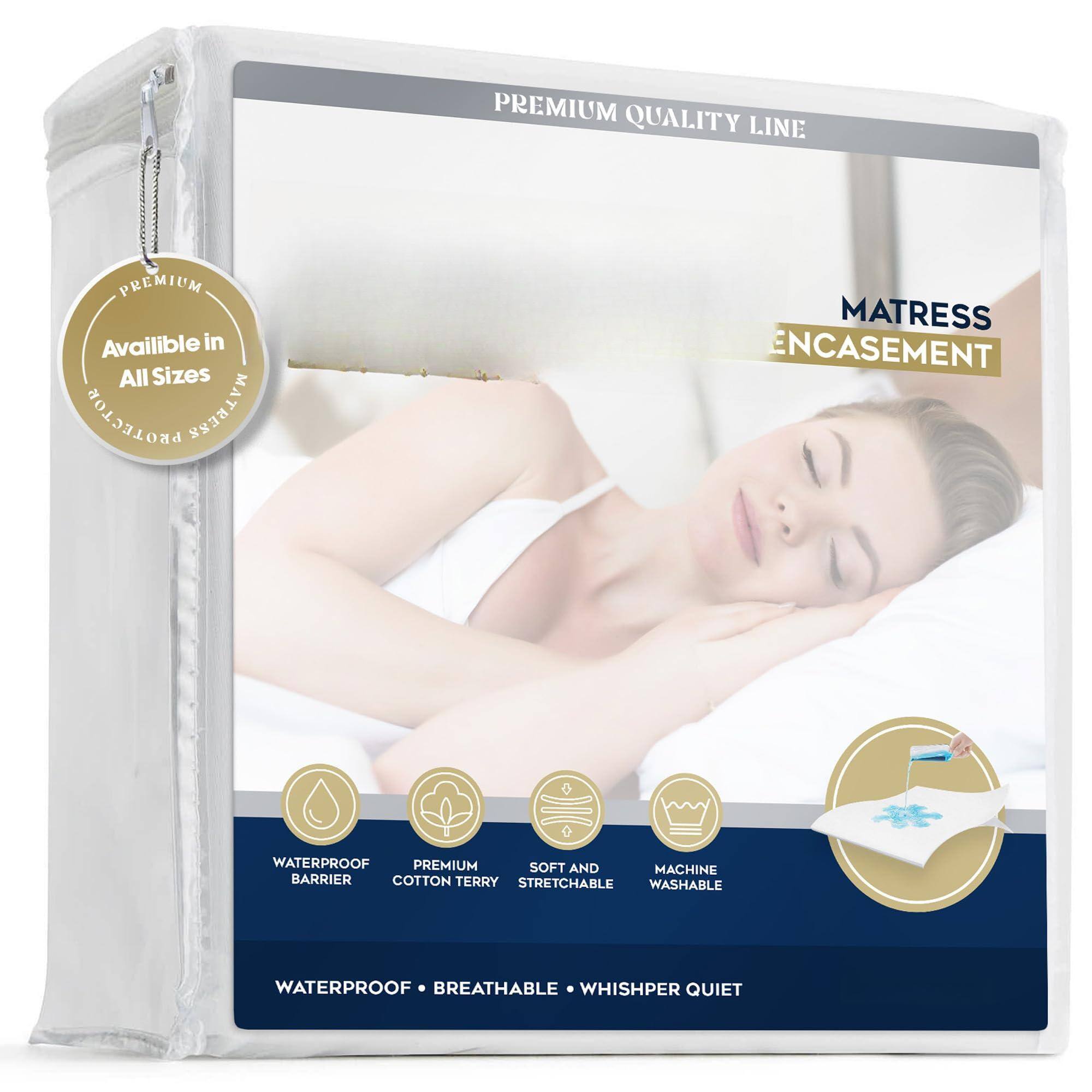 Sure, here is the corrected and grouped text from the image:
---
**PREMIUM QUALITY LINE**
**MATRESS ENCASEMENT**
- Available in All Sizes
**Features:**
- WATERPROOF BARRIER
- PREMIUM COTTON TERRY
- SOFT AND STRETCHABLE
- MACHINE WASHABLE
**Additional Benefits:**
- WATERPROOF
- BREATHABLE
- WHISHPER QUIET
---
This text is organized to reflect the information presented on the packaging.