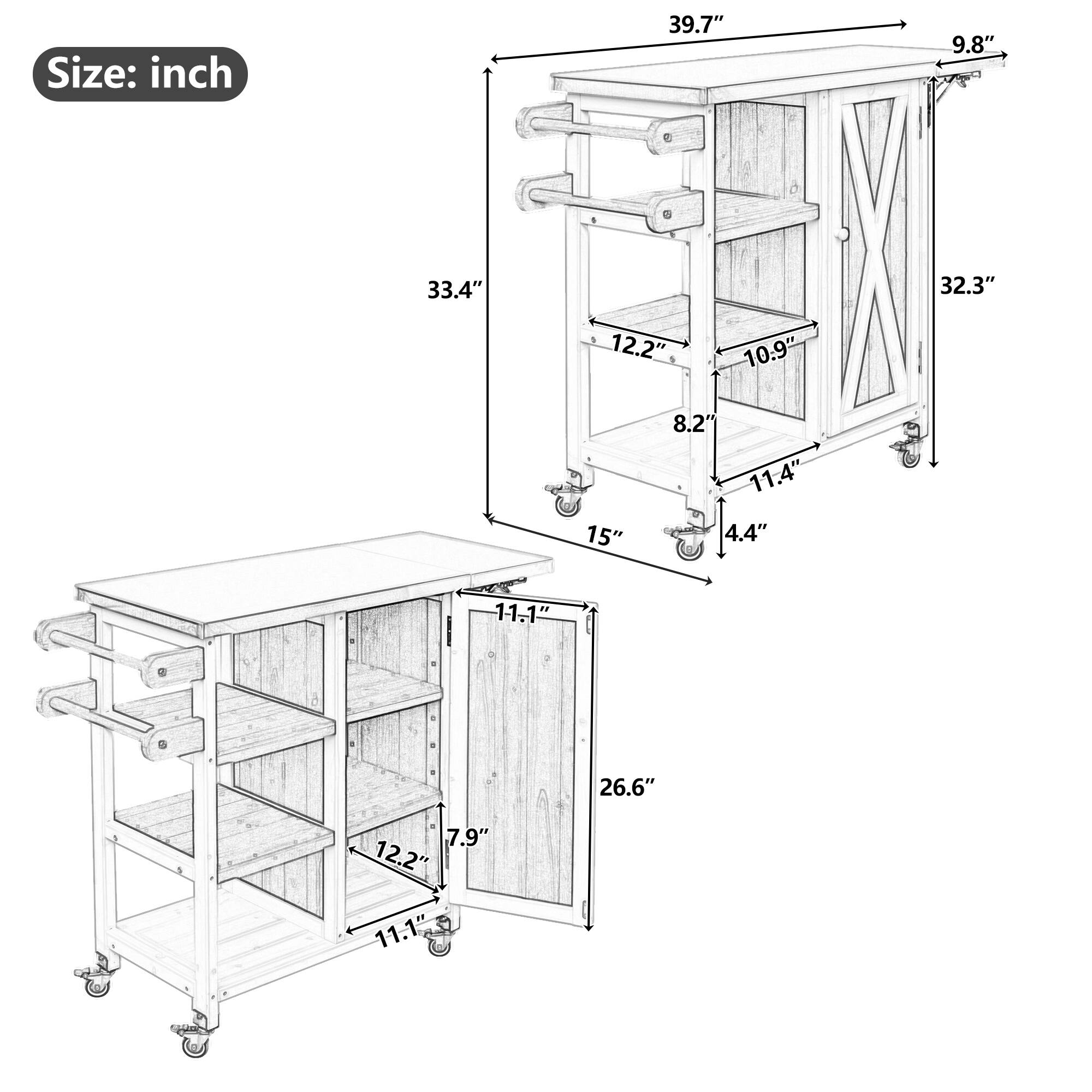 Size: inch  
39.7" 9.8" 33.4" 32.3" 12.2" 10.9" 15" 8.2" 11.4" 4.4" 11.1" 26.6" 7.9" 12.2" 11.1"