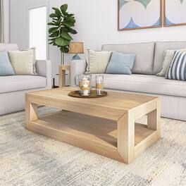 Plank+Beam - Modern Rectangular Coffee Table with Bottom Shelf (48in x 24in / 1220mm x 610mm) - Blonde Wirebrush