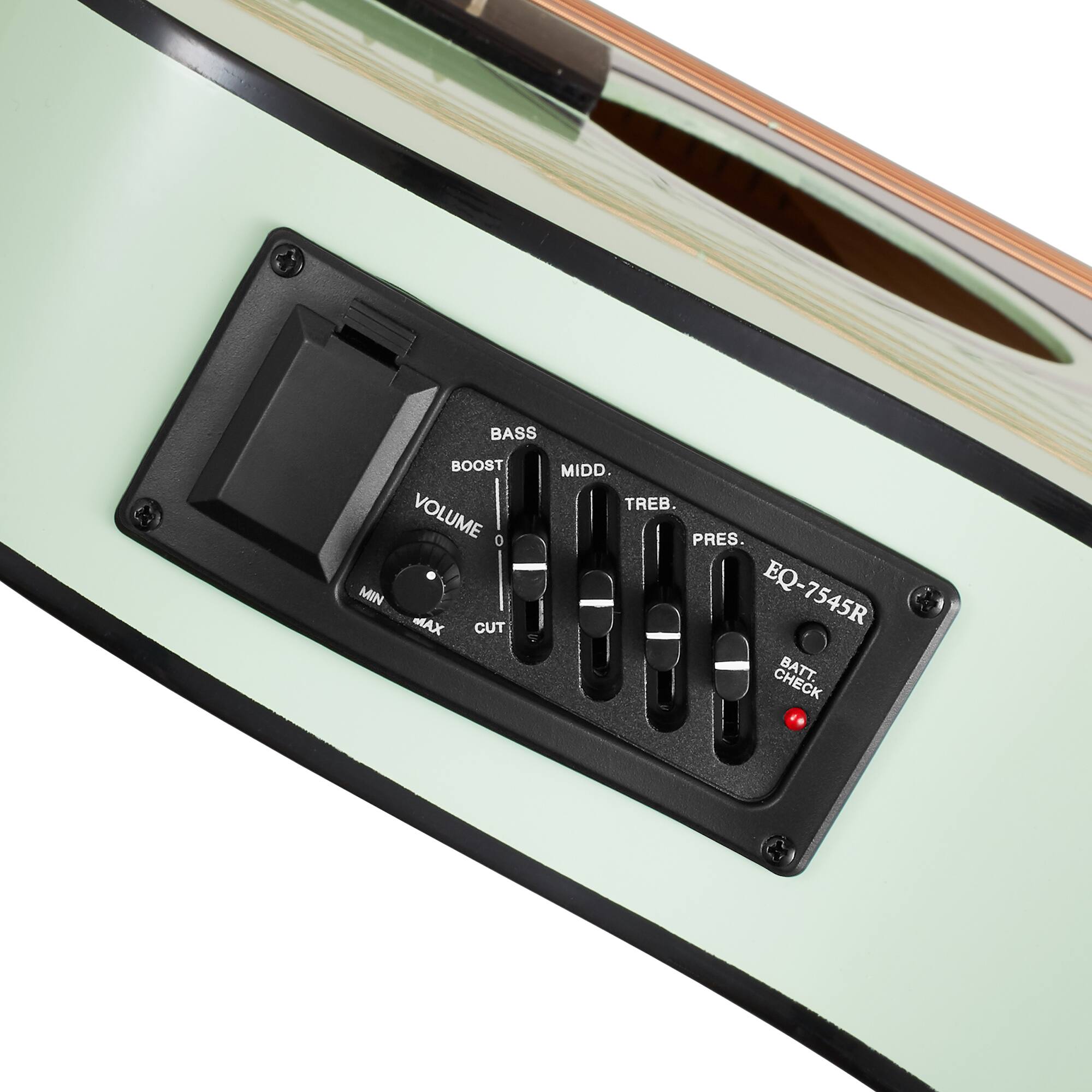 BASS BOOST VOLUME 0 MIN MAX CUT MIDD. TREB. PRES. EQ-7545R CHECK BATT.