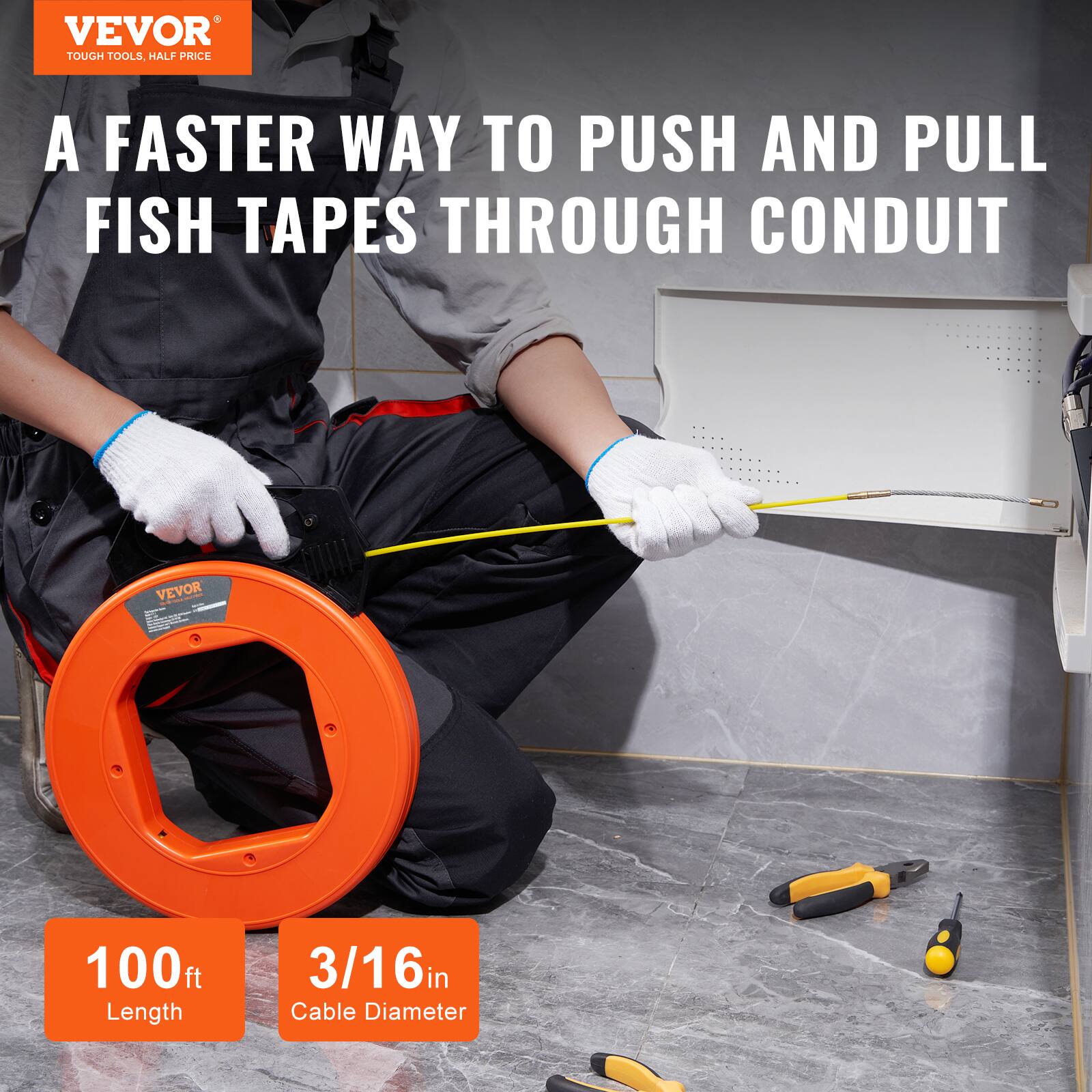 VEVOR  
TOUGH TOOLS, HALF PRICE  

A FASTER WAY TO PUSH AND PULL FISH TAPES THROUGH CONDUIT  

100 ft  
Length  

3/16 in  
Cable Diameter