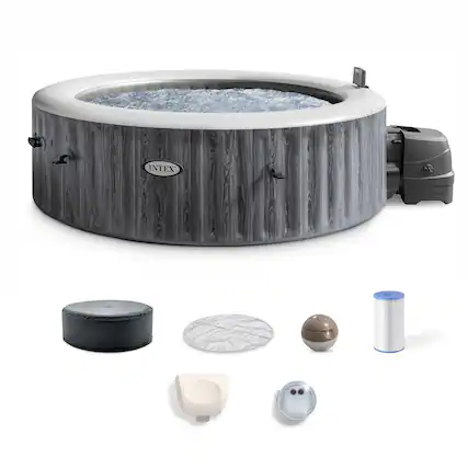 Front. Intex - Intex PureSpa Greywood Deluxe Spa Set, 170 Bubble Jet Hot Tub with Cover, 85x28" - Energy Efficient - Upgraded Pump.
