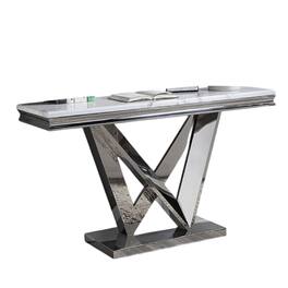Manhattan Lane - Vily Sofa Console Table, Beveled Faux Marble, Chrome Steel V-Base - Chrome, White