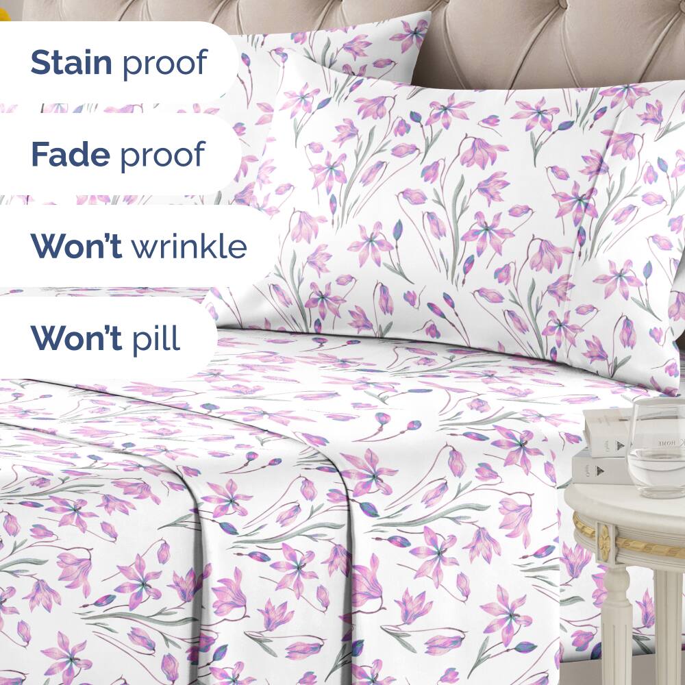 Stain proof  
Fade proof  
Won't wrinkle  
Won't pill