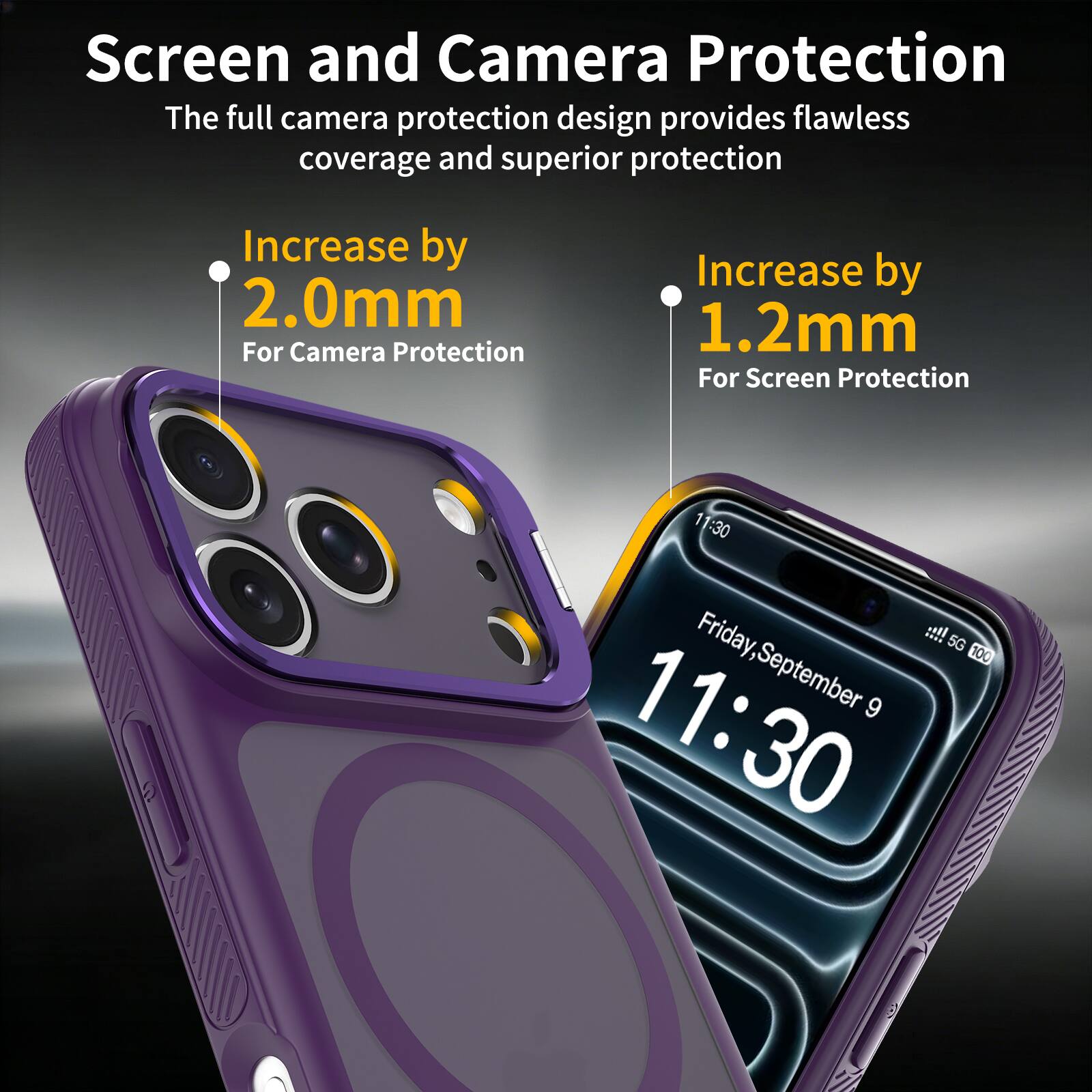 Screen and Camera Protection  
The full camera protection design provides flawless coverage and superior protection  

Increase by 2.0mm  
For Camera Protection  

Increase by 1.2mm  
For Screen Protection  

11:30  
Friday, September 9