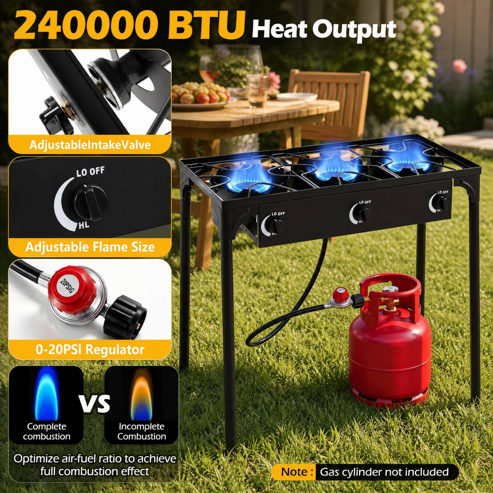 240000 BTU Heat Output

Adjustable Intake Valve

Adjustable Flame Size

0-20PSI Regulator

Complete combustion vs Incomplete Combustion

Optimize air-fuel ratio to achieve full combustion effect

Note: Gas cylinder not included