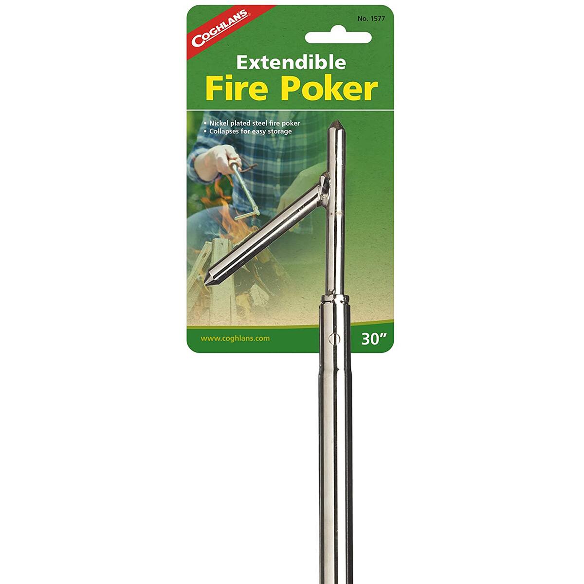 No. 1577 COGHLANS Extendible Fire Poker Nickel plated steel fire poker Collapses for easy storage www.coghlans.com 30"