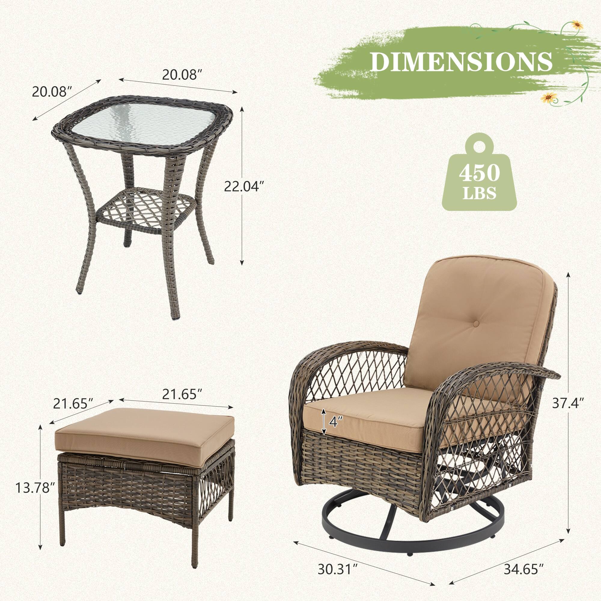 - Table: 20.08" x 20.08" x 22.04"
- Cushion: 21.65" x 21.65" x 13.78"
- Chair: 37.4" x 30.31" x 34.65"
- Seat Height: 4"
- Weight Capacity: 450 LBS