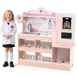 Costway - Wooden Doctor Play Set with Clock Sink Eye Chart ECG Monitor Exam Area Storage - Pink