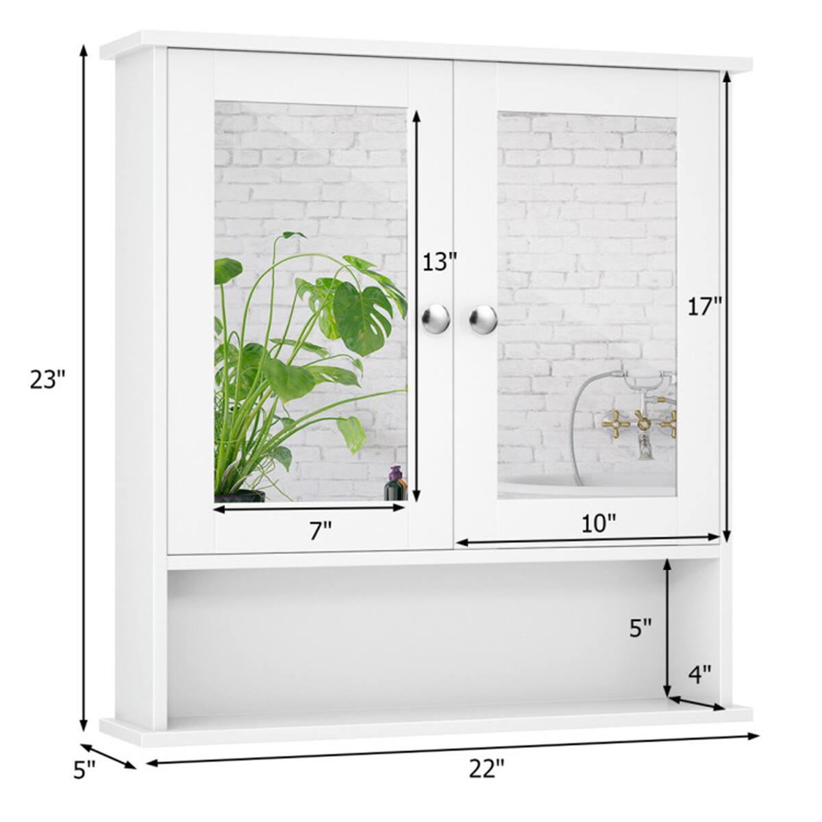 23" (height)  
13" (height of left cabinet)  
17" (height of right cabinet)  
10" (width of right cabinet)  
7" (depth of left cabinet)  
5" (depth of right cabinet)  
5" (depth of bottom shelf)  
4" (depth of bottom shelf)  
22" (width of bottom shelf)