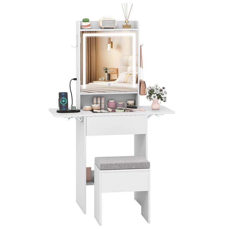 WELLFOR - Foldable Drop Leaf Makeup Vanity Desk with 3 Color LED Mirror & Charging Hub, Vanity Desk Set with Cushioned Stool - White