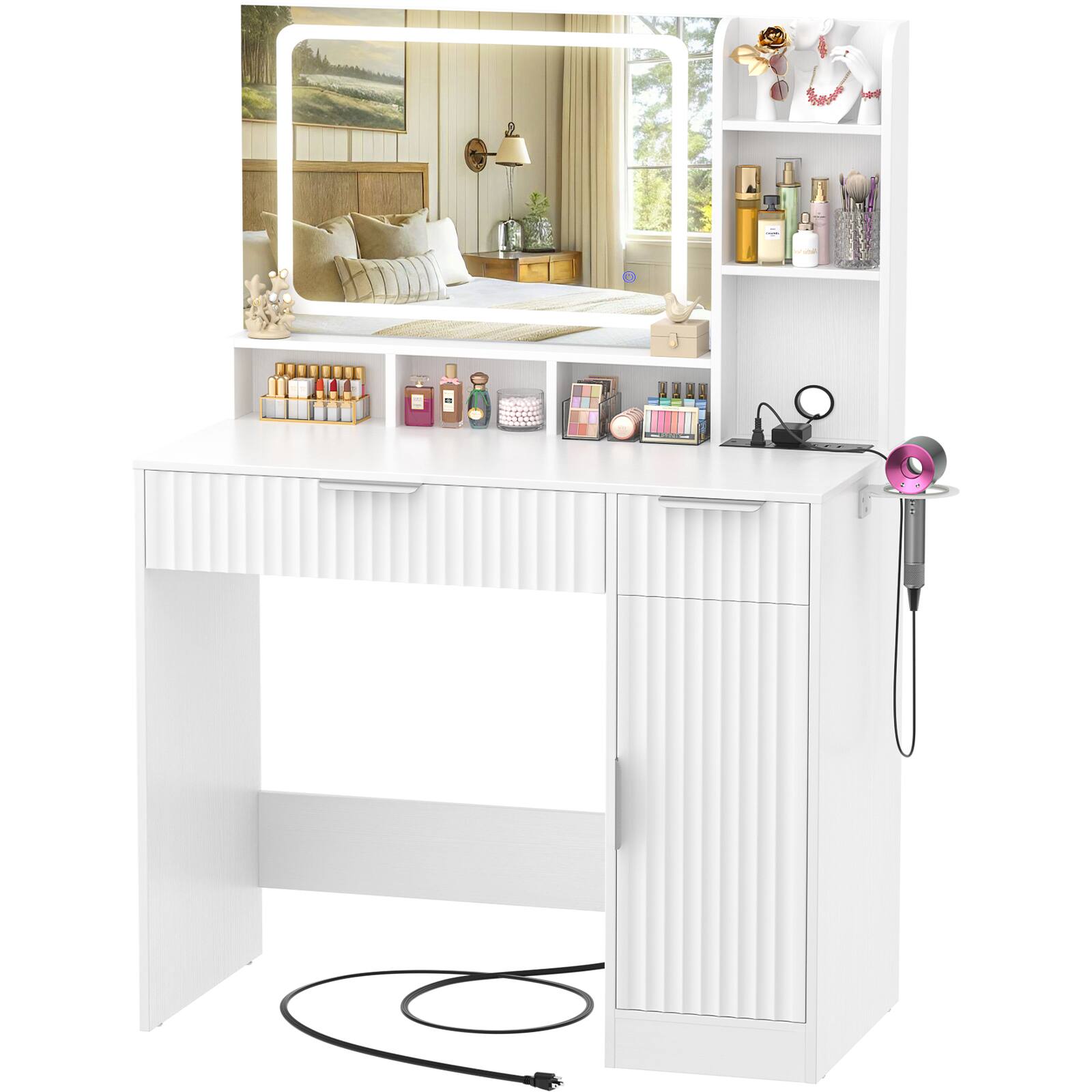 Angle. Aheaplus - Fluted Makeup Vanity Desk with Lighted Mirror and Drawers, Wooden Vanity Table with Outlets and Storage Cabinet - White.