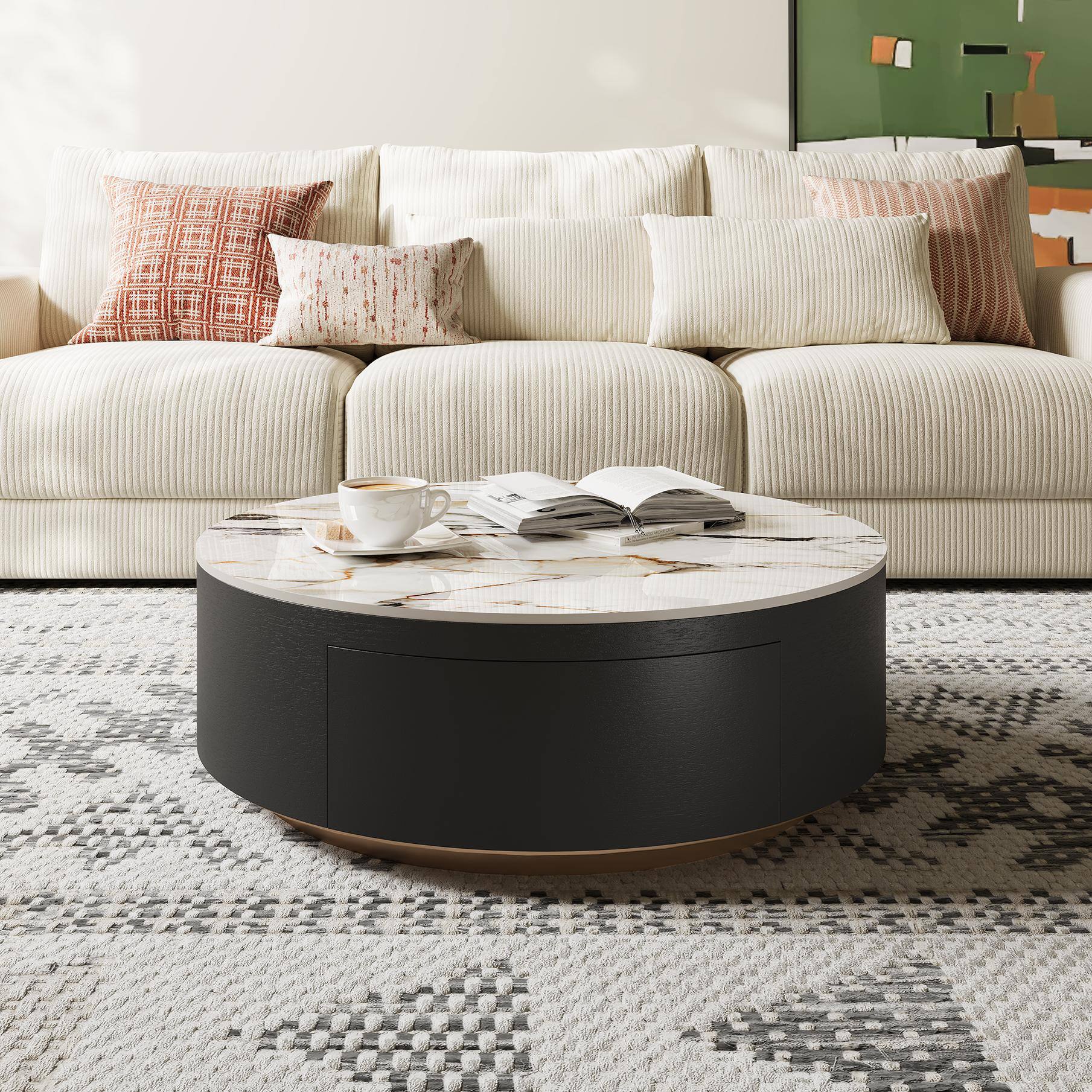 Angle. POVISON - 39" Wood Modern Round Drum Sintered Stone Coffee Table with 2 Drawers Fully Assembled, Black & White - White & Black.