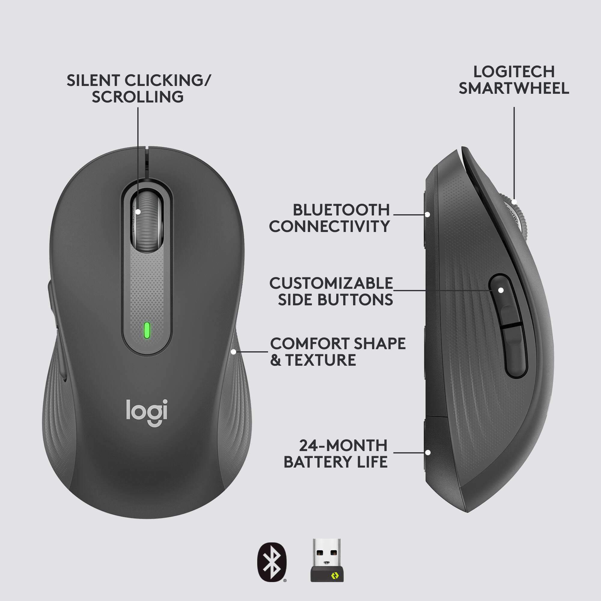 - Silent Clicking/Scrolling
- Bluetooth Connectivity
- Customizable Side Buttons
- Comfort Shape & Texture
- 24-Month Battery Life
- Logitech Smartwheel