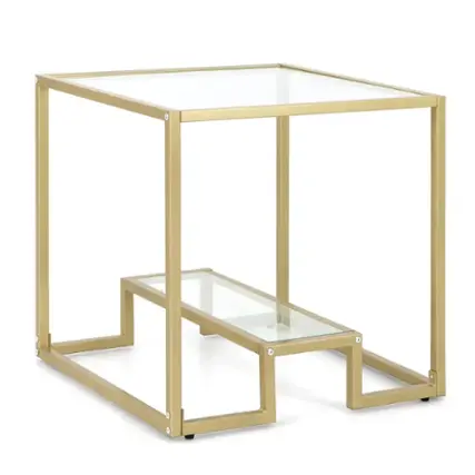 Front. Costway - 22" 2-Tier Sofa Side Table Square Metal Frame for Living Room Bedroom - Bronze.