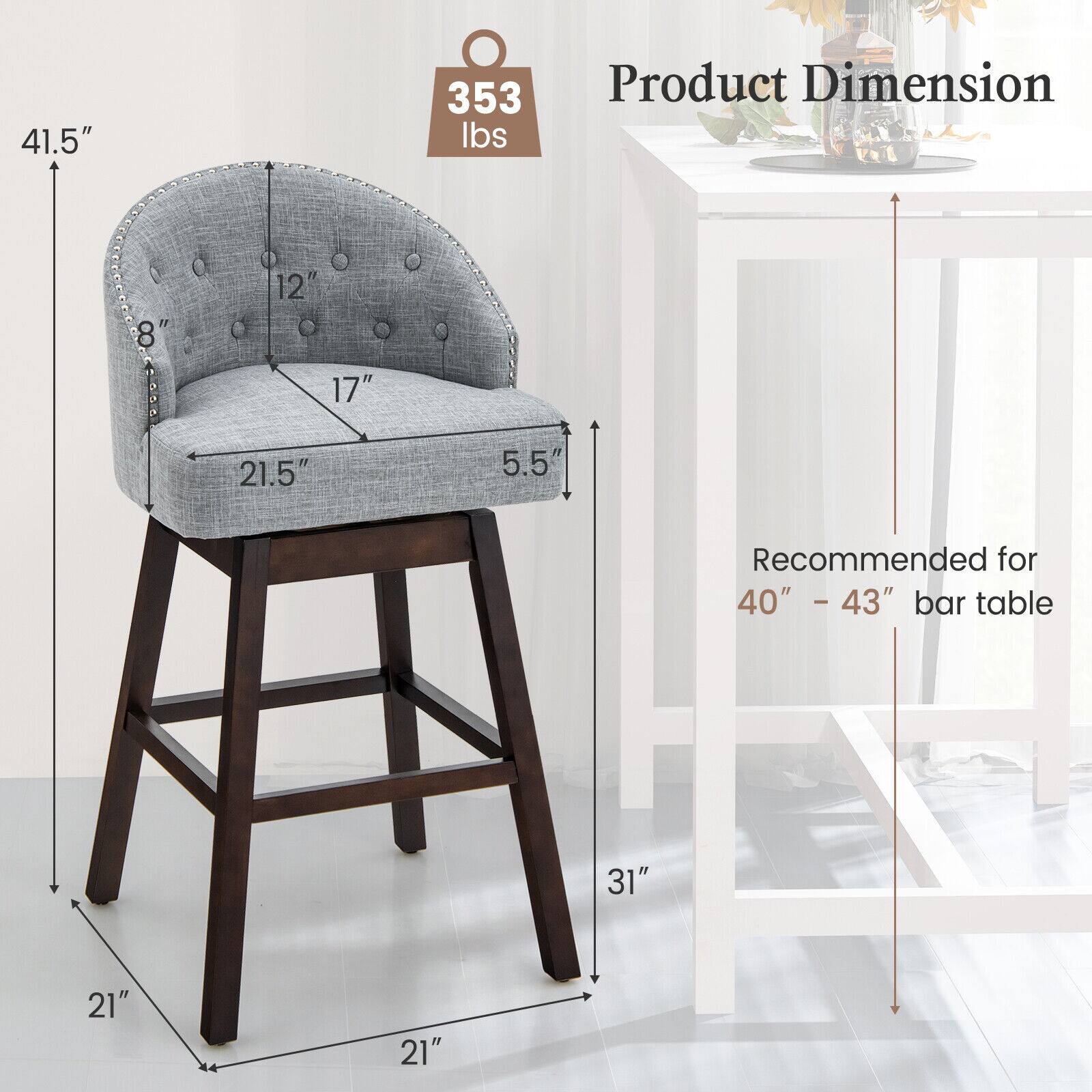 Product Dimension: 41.5" 353 lbs 8" 12" 17" 21.5" 5.5" Recommended for 40" - 43" bar table 31" 21" 21"