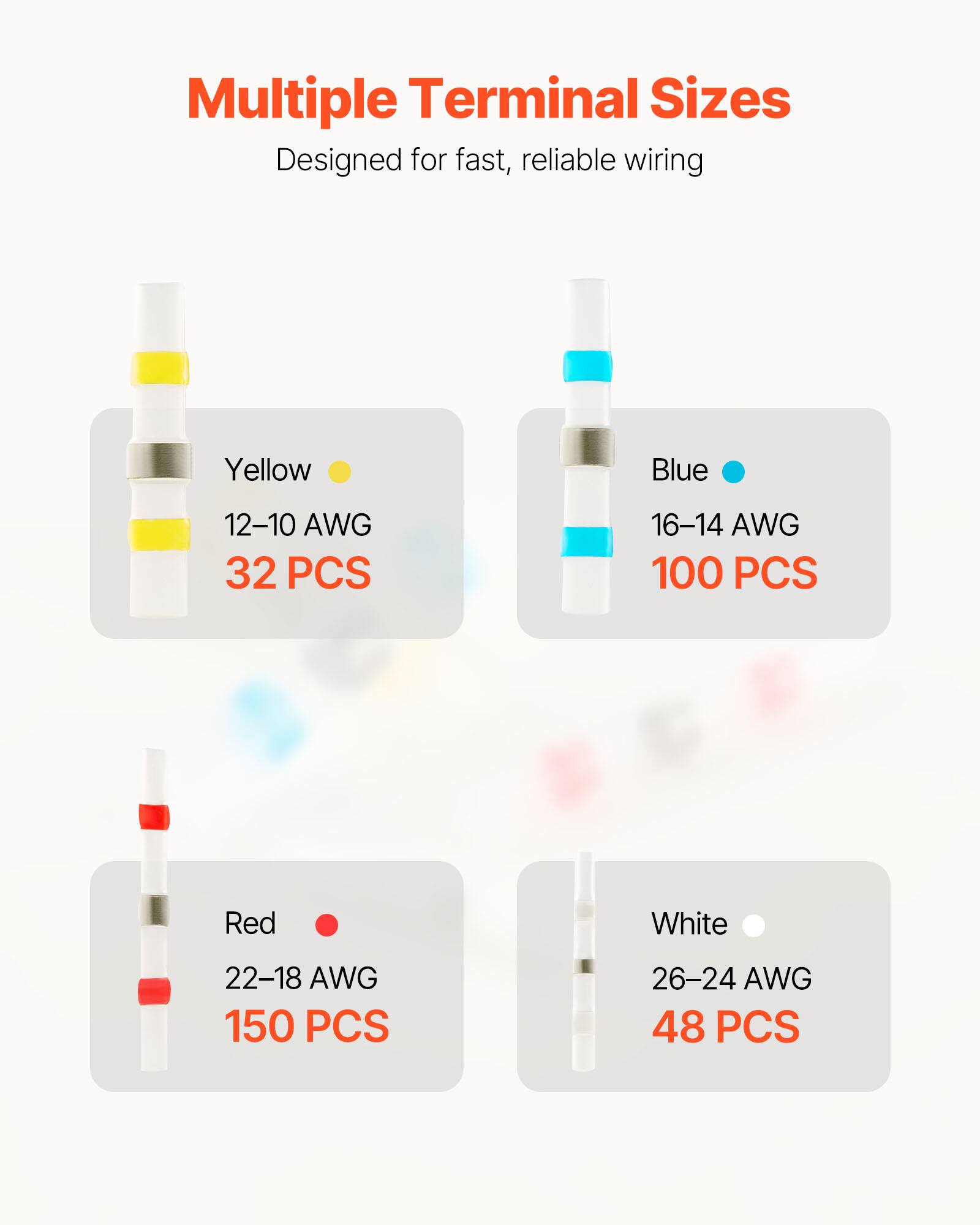 Multiple Terminal Sizes  
Designed for fast, reliable wiring  

- Yellow  
  12-10 AWG  
  32 PCS  

- Blue  
  16-14 AWG  
  100 PCS  

- Red  
  22-18 AWG  
  150 PCS  

- White  
  26-24 AWG  
  48 PCS