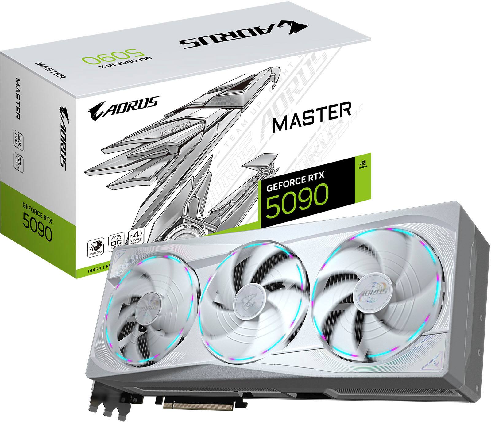 The text on the image reads: "AORUS 5090 BIX CELOFCE MASTER HT MASTER AORUS UP MASTER HARIIOR SK OE 3 TEAM TANN X8 ADRUS NN a ORNIS -  RTX GEFORCE RTX 5090 5090 OC 17 4 SeT SRAS d0 - 41 1  DESS41R DESS AURUS 2OR A."