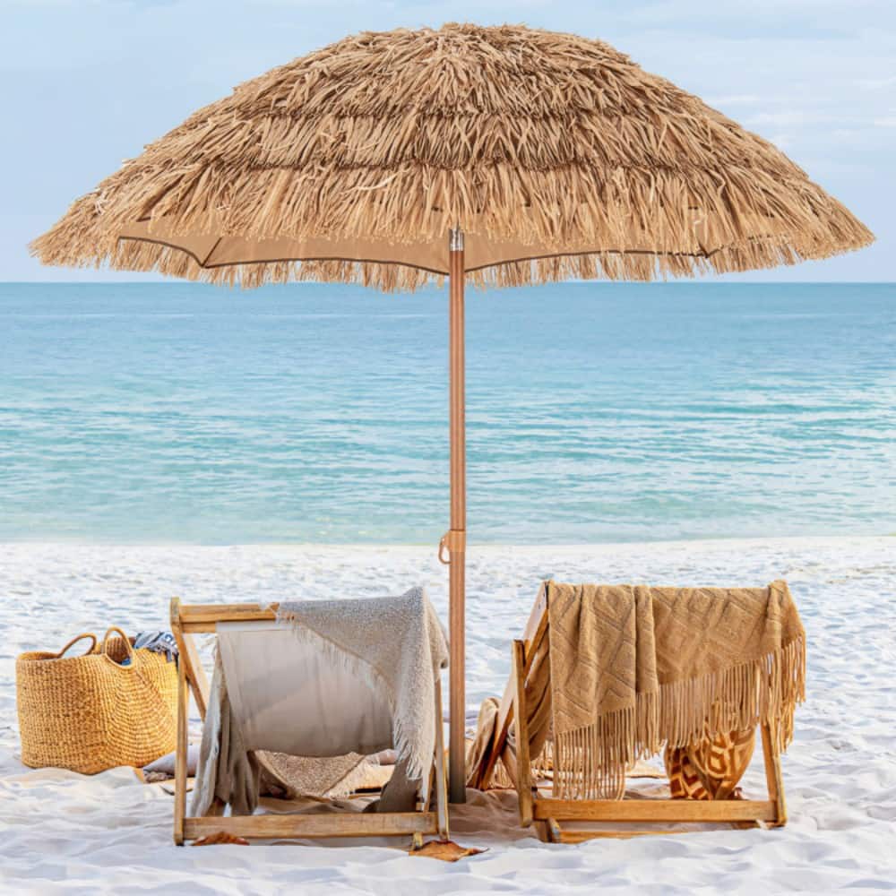 Photos - Parasol Tiki Mondawe - 6.5 Feet Thatched  Umbrella with Foldable Stand Push Button Tilt - Natural MO-NP11623BE 