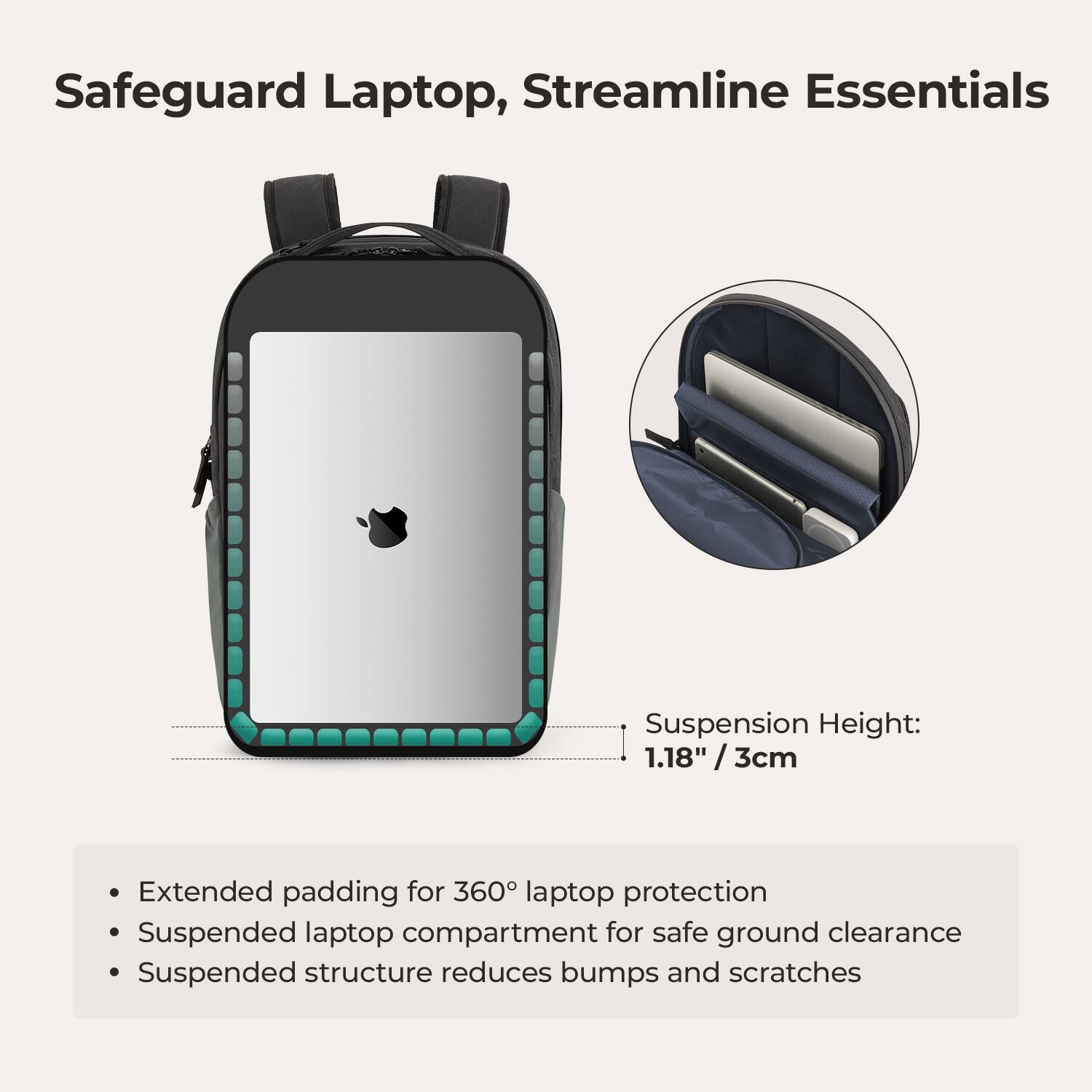 Safeguard Laptop, Streamline Essentials

Suspension Height: 1.18" / 3cm

- Extended padding for 360° laptop protection
- Suspended laptop compartment for safe ground clearance
- Suspended structure reduces bumps and scratches