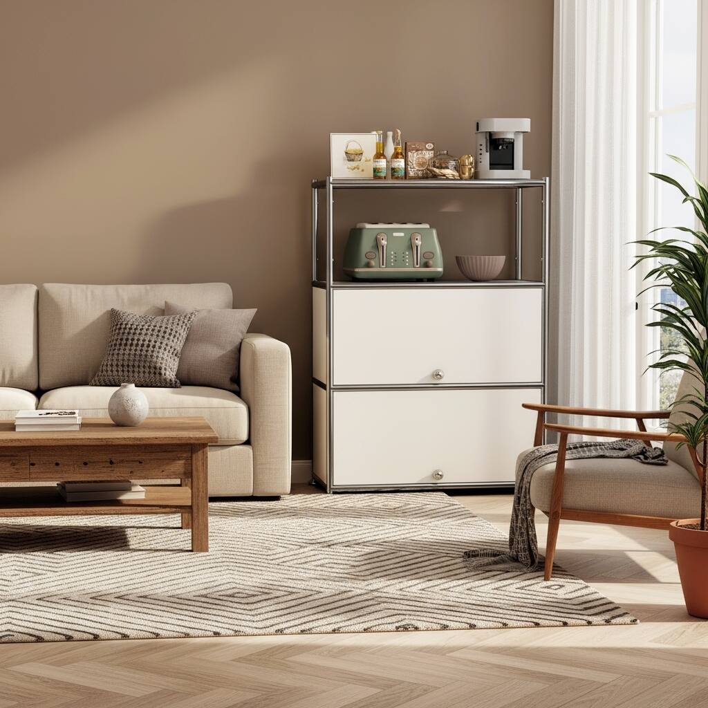 Back. Malletson - 3-Tier Metal Sideboard Buffet Storage Cabinet Modern Grid-Style, for Dining Room, Living Room or Office - White.