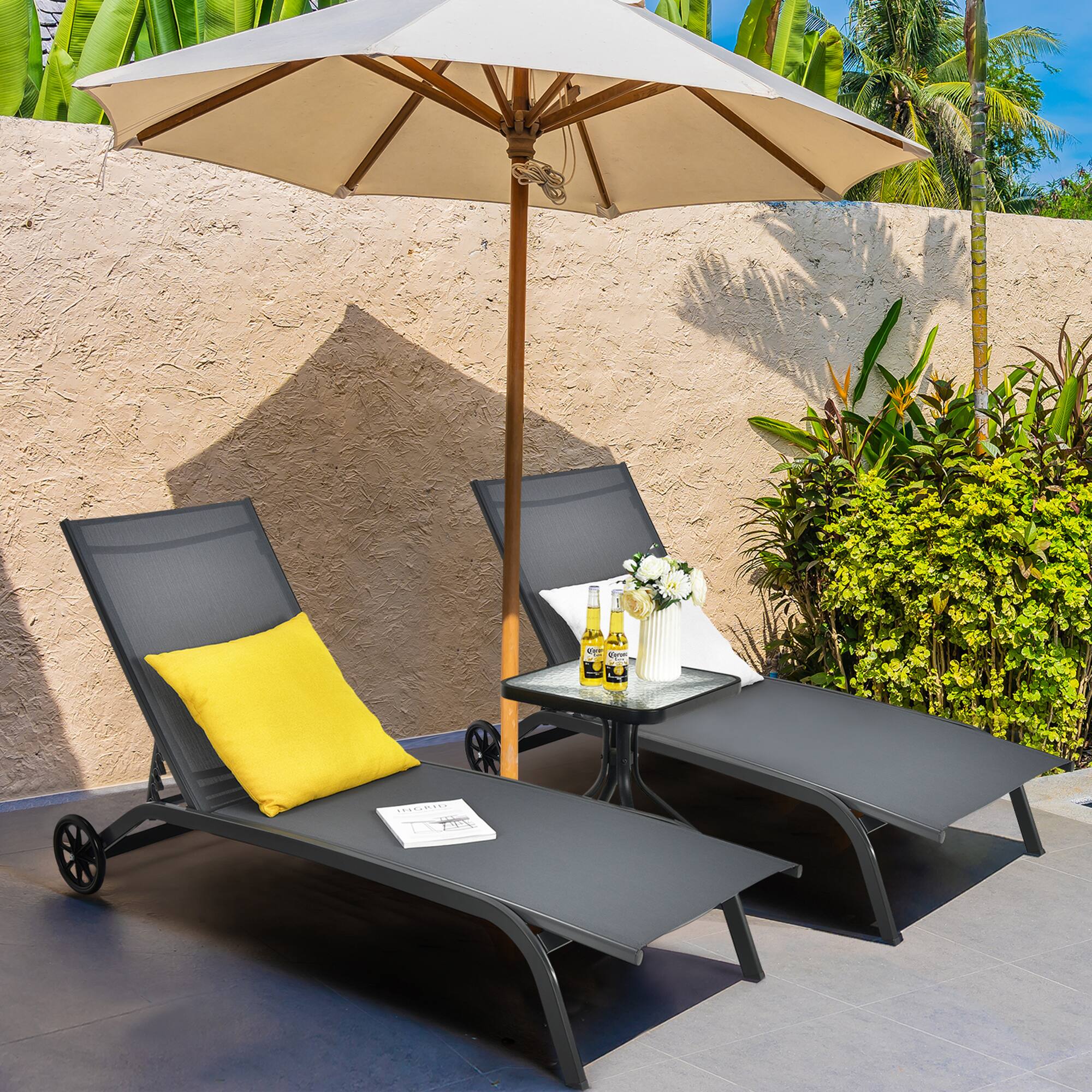 Alt View 2. Gymax - Gymax Set of 2 Outdoor Chaise Lounge Chair Adjustable Patio Recliner w/ Wheels Grey - Grey.