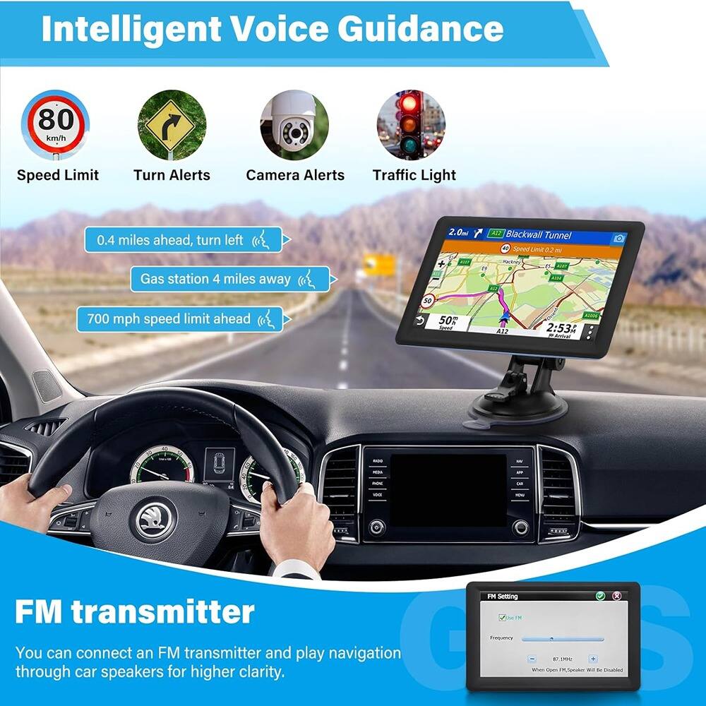 Intelligent Voice Guidance

- Speed Limit
- Turn Alerts
- Camera Alerts
- Traffic Light

0.4 miles ahead, turn left
Gas station 4 miles away
700 mph speed limit ahead

FM transmitter
You can connect an FM transmitter and play navigation through car speakers for higher clarity.

FM Setting
Frequency: 87.9 MHz
When Open FM, Speaker Will Be Disabled