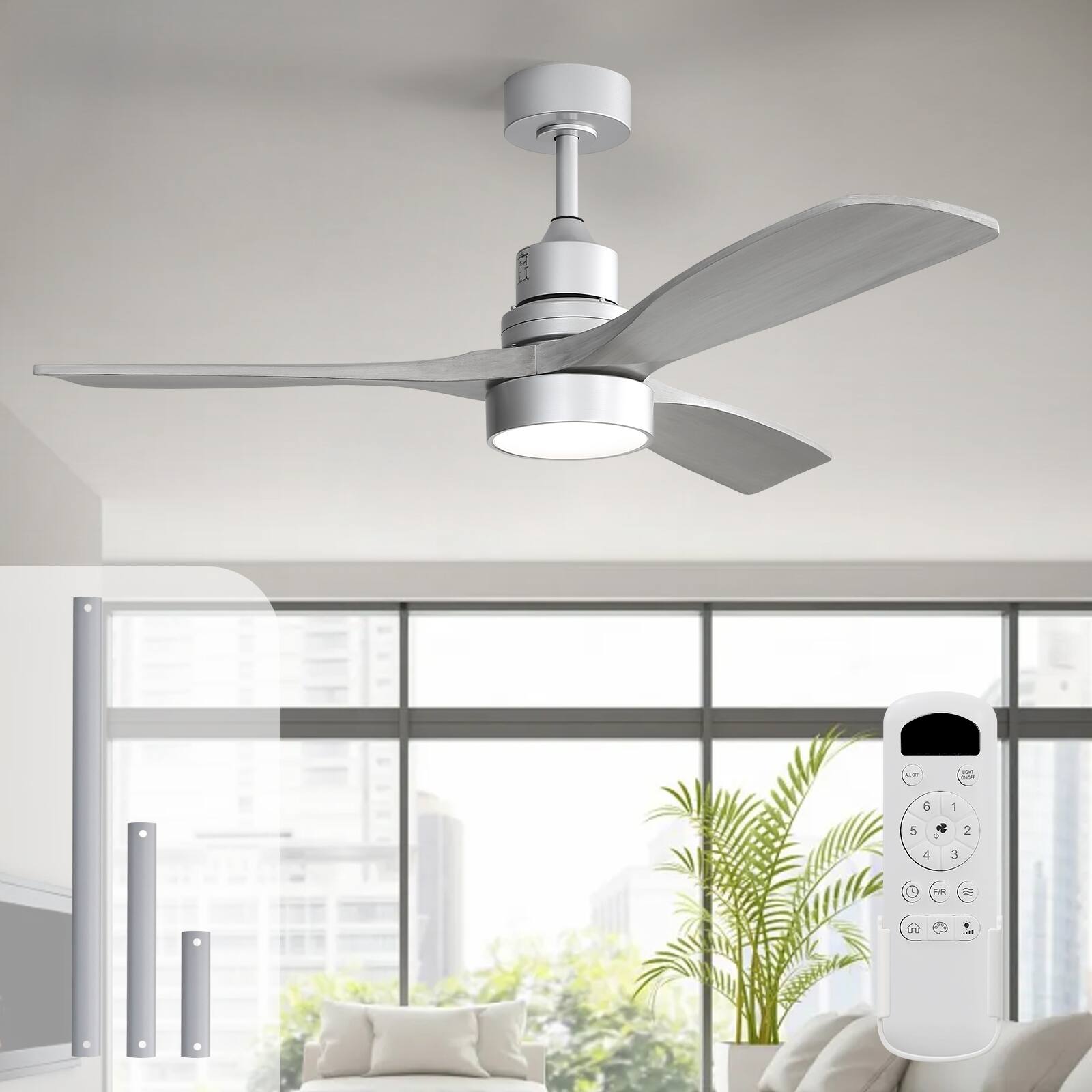 Alt View 8. Sofucor - 52 Inch Modern Solid Wood Ceiling Fan With Light and Remote 6 Speeds/Reversible Quiet DC for Bedroom Indoor/Outdoor - Silver Grey Wood.