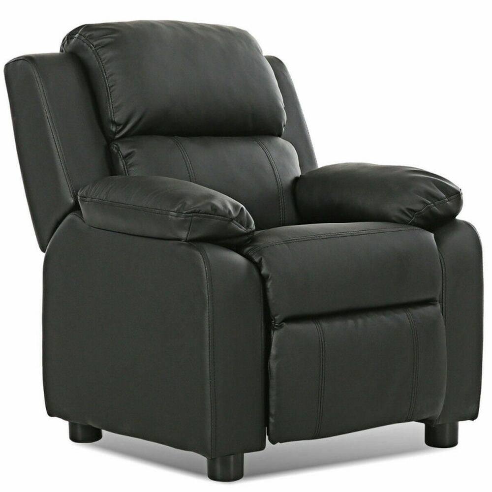 Angle. Kadyn - Kids Deluxe Headrest Recliner Sofa Chair with Storage Arms-Black, Kids Chairs for Kids - Black.