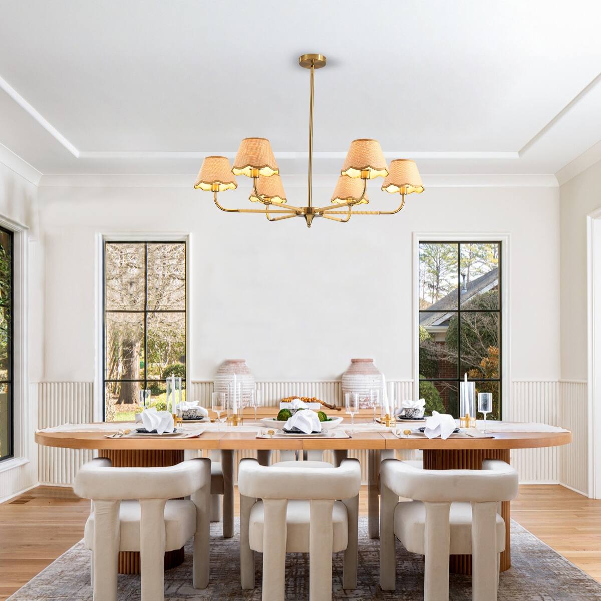 Back. Loheer - Loheer Gold Six Light Chandelier with Handwoven Rattan Shades for Dining Room.