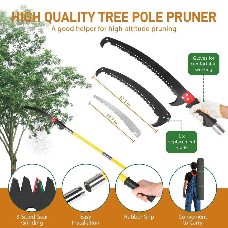 HIGH QUALITY TREE POLE PRUNER  
A good helper for high-altitude pruning  

- Gloves for comfortable working  
- 1 x Replacement Blade  
- 3-Sided Gear Grinding  
- Easy Installation  
- Rubber Grip  
- Convenient to Carry  

17.3 in  
13.7 in